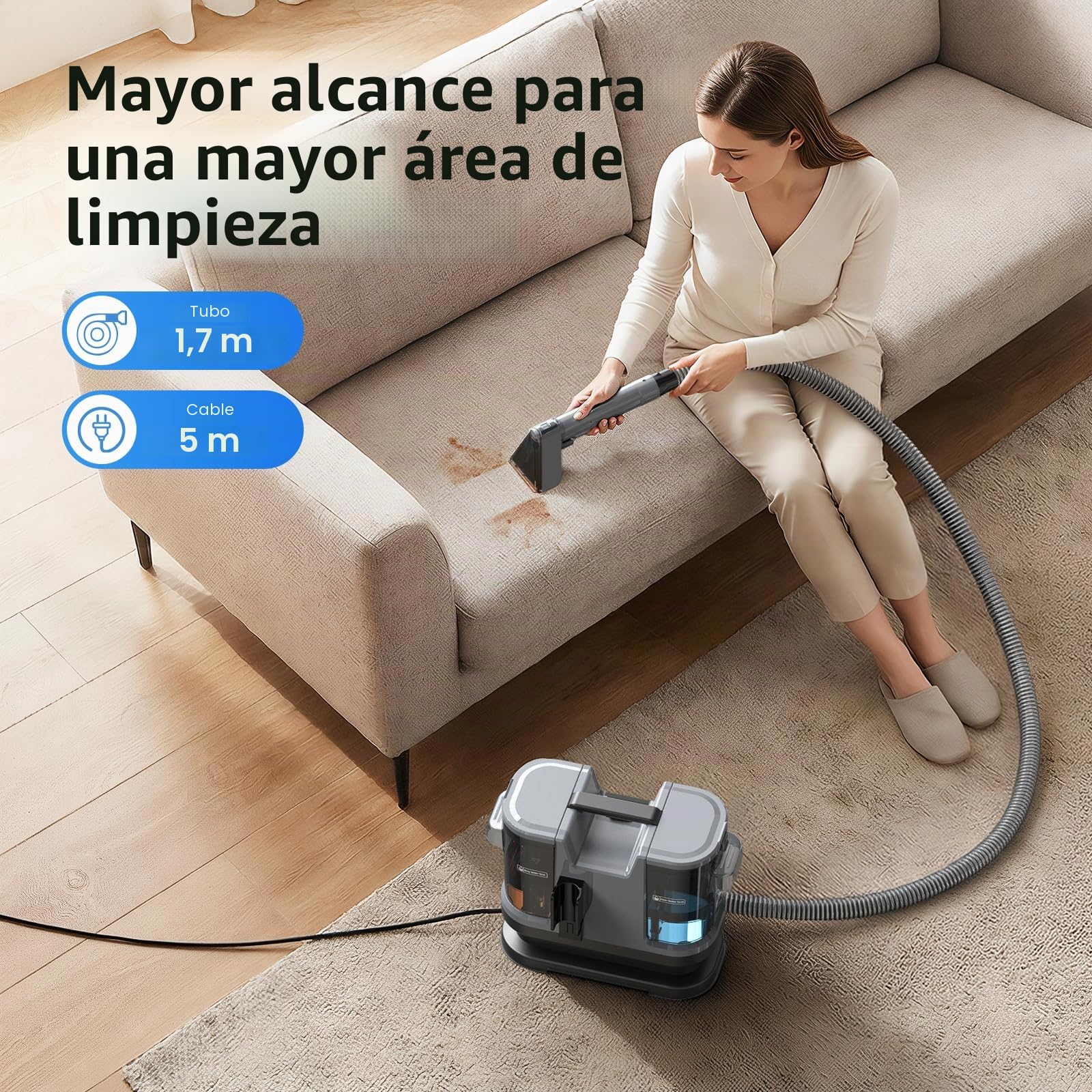 Lubluelu Aspirador húmedo para tapicería, 600 W, 18 kPa, con autolimpieza | Aspirador de lavado en húmedo con manguera larga, grandes tanques de agua y diseño ligero para alfombras, sofás y coches.