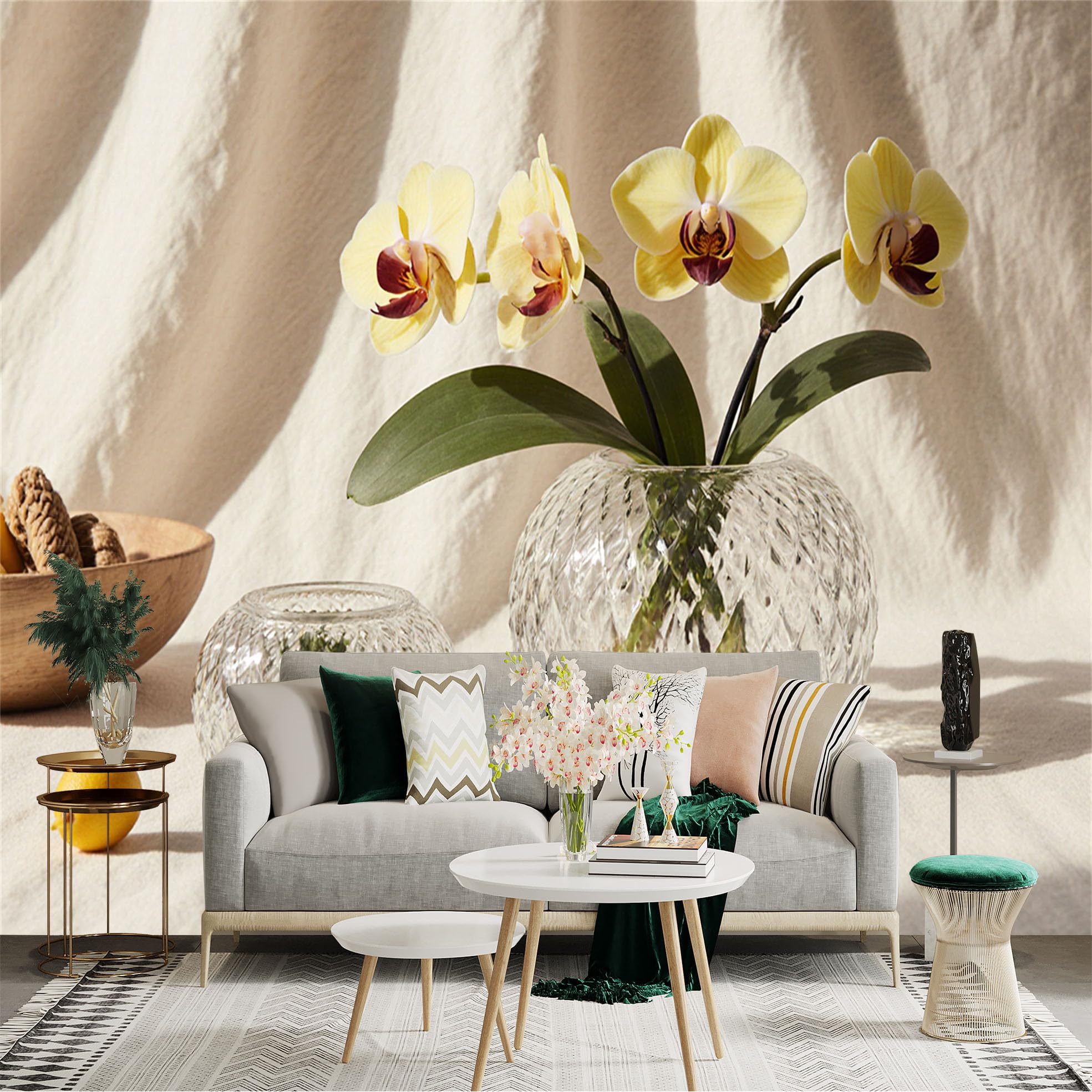 Custom Size Wall Sticker Mural， Yellow Orchids in Crystal Vase， Elegant Floral Still Life， Botanical Home Decor， Soft Fabric Background， for wall Decoration， peelandstick wall Decals.