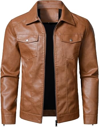 HOOD CREW Mens Leather Jacket Motorcycle Biker Jackets Casual Lightweight Faux Leather Outwear