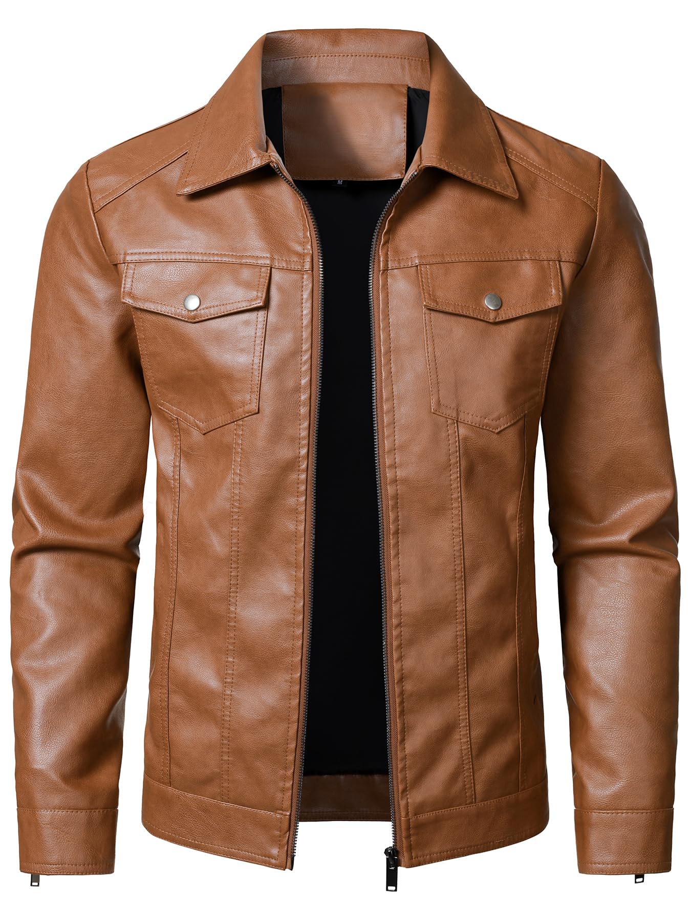 HOOD CREW Mens Leather Jacket Motorcycle Biker Jackets Casual Lightweight Faux Leather Outwear Light Brown Medium