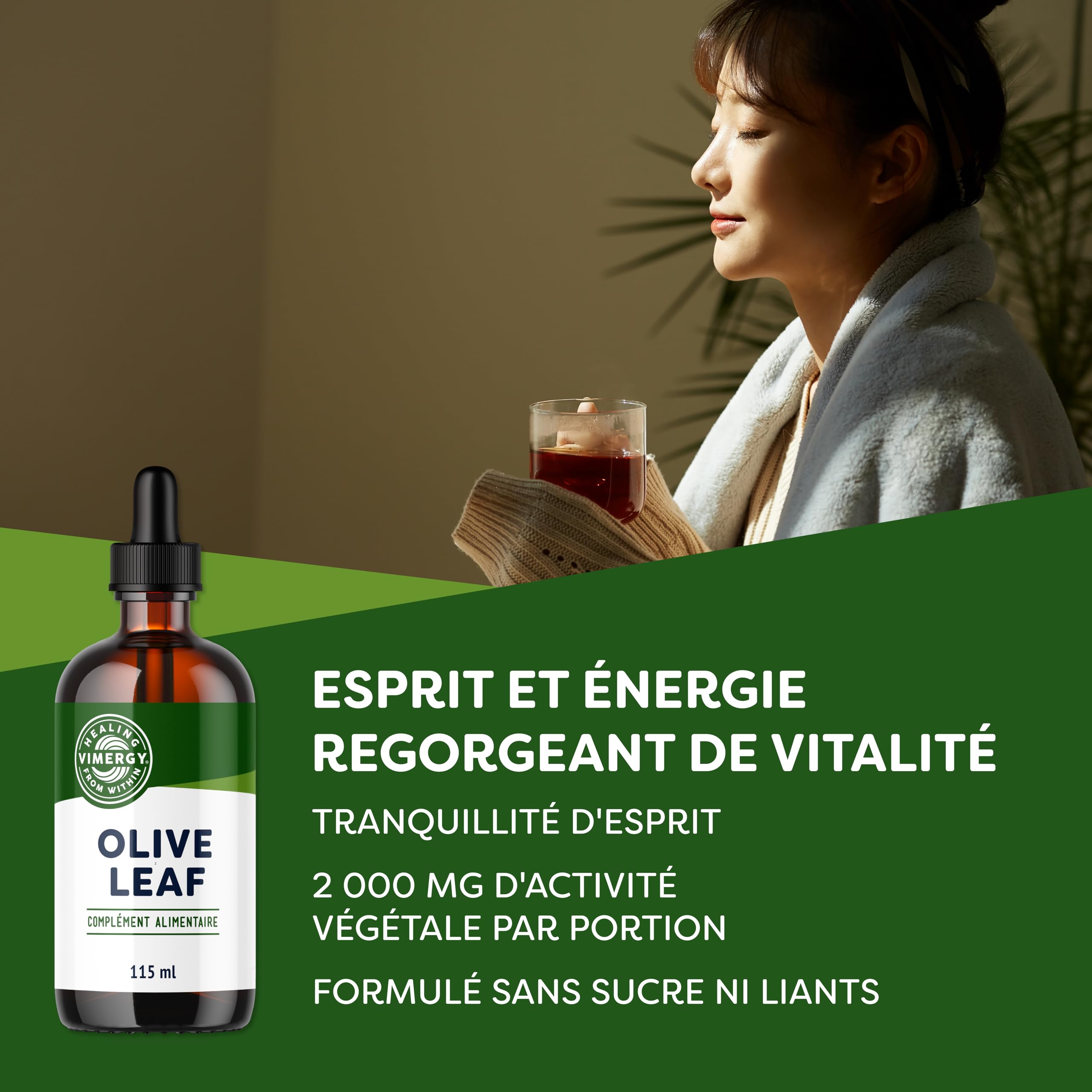Vimergy Feuilles d'Olivier, 57 Portions – Extrait Feuilles Olivier Liquide – Complément Végétalien – Formulé sans Sucre ni Liant – Sans OGM et sans Gluten (115 ml)