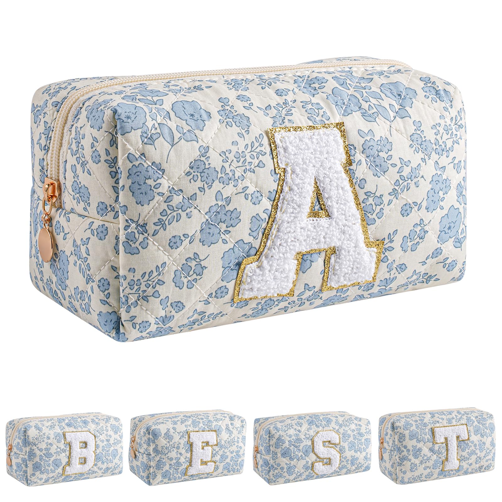 JOVAKIT Alphabet Makeup Bag Cosmetic Bag for Women, Christmas Gifts for Girls Age 6-18, Floral Flowers Coquette Travel Toiletry Zipper Make Up Pouch