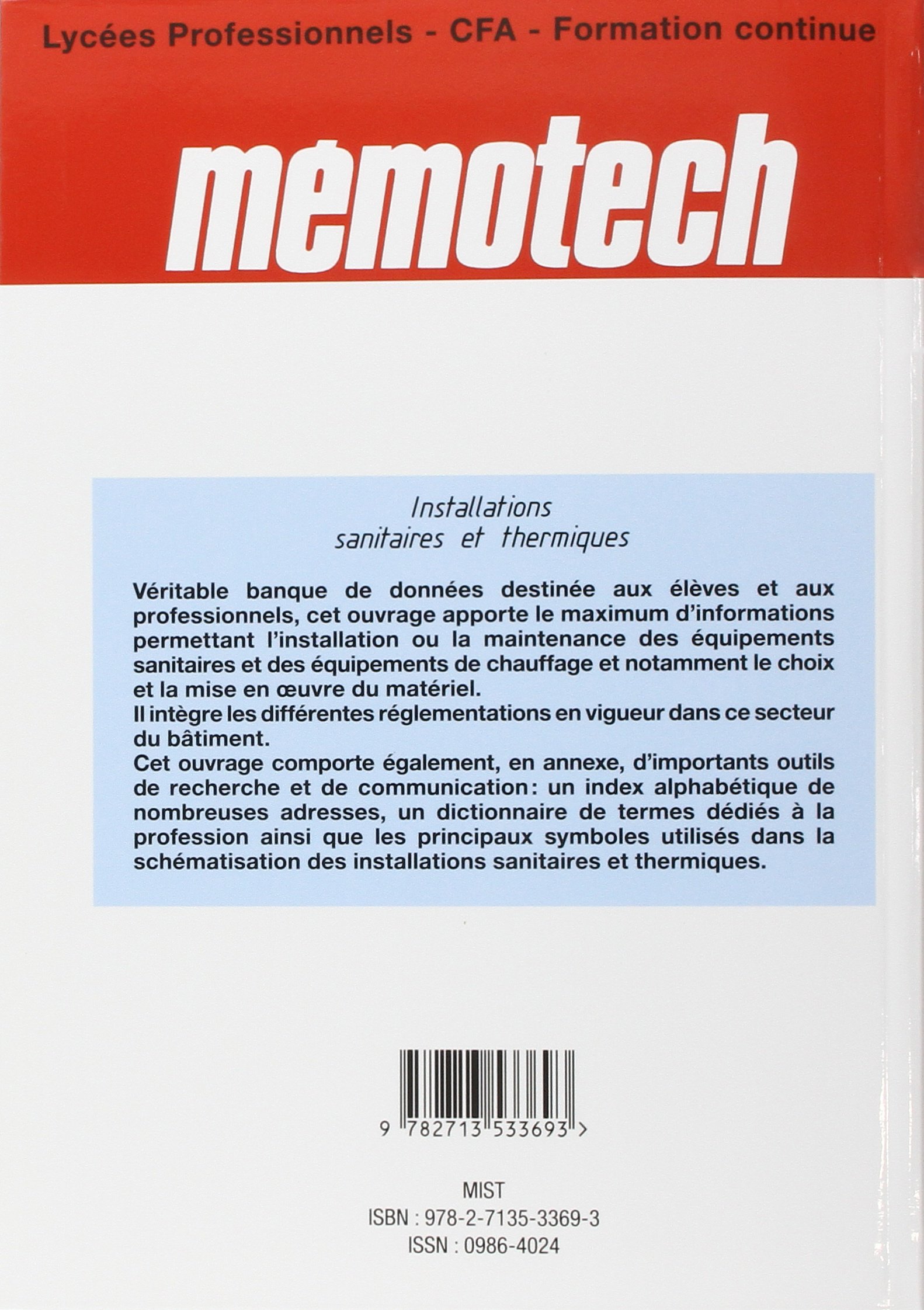 Mémotech Installations sanitaires et thermiques CAP, Bac Pro (2011) - Référence: Domaines des installations sanitaires et thermiques