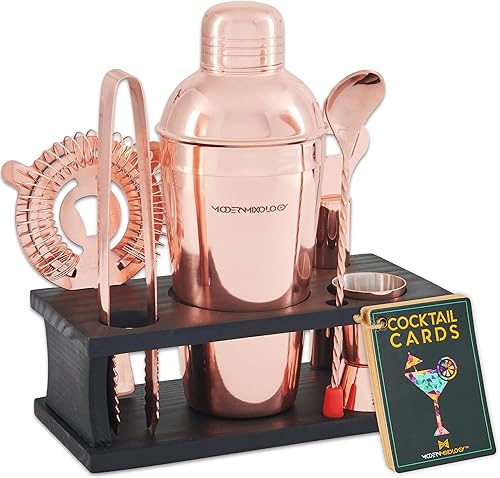Mixology Bartender Kit - Juego de coctelera de cobre de 8 piezas con soporte de madera de pino negro, tarjetas de recetas e ideas de accesorios de