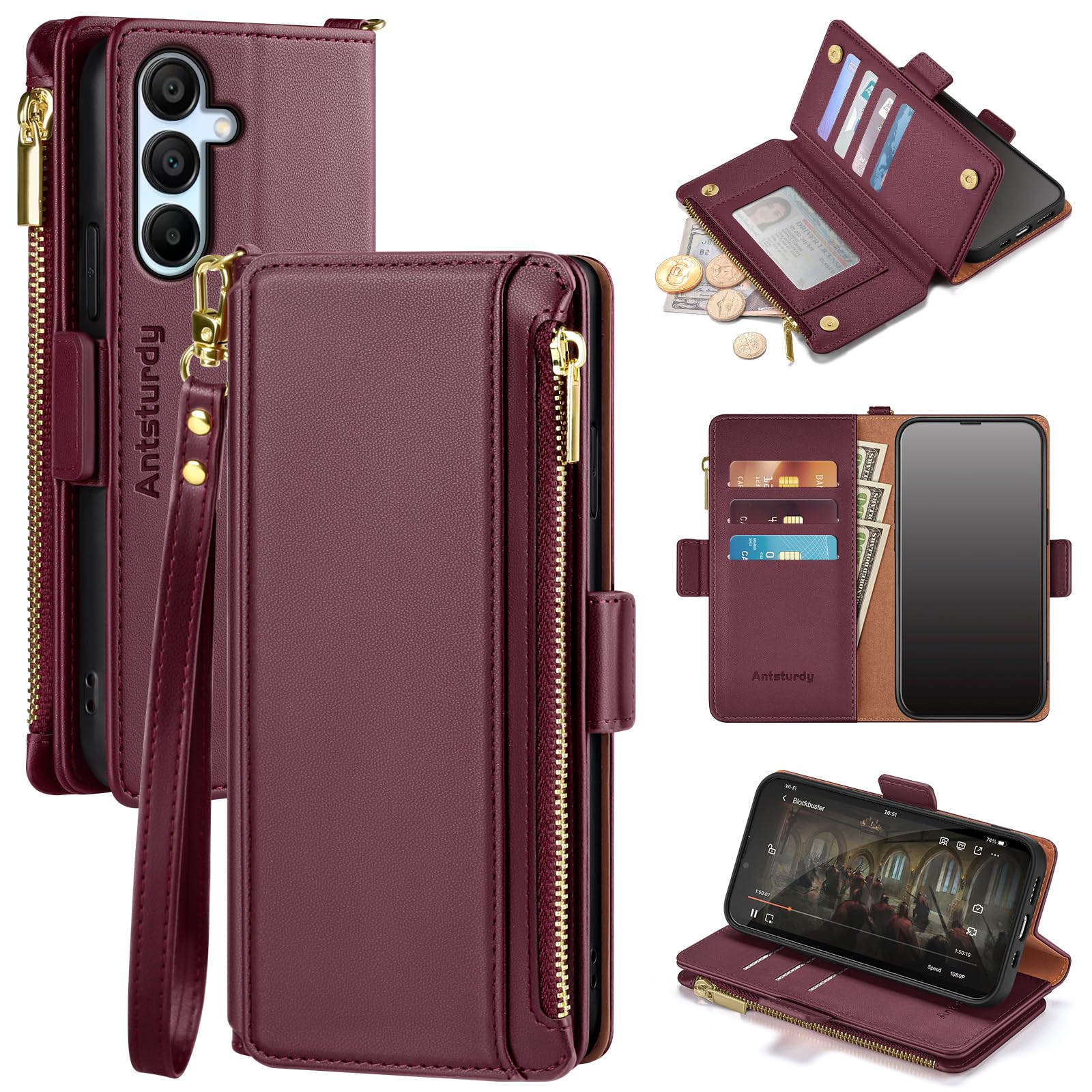 Antsturdy for Samsung Galaxy A15 5G Wallet case with Card Holder for Women Men,Samsung Galaxy A15 5G Phone case RFID Blocking PU Leather Flip Cover with Strap Zipper Credit Card Slots,Wine Red