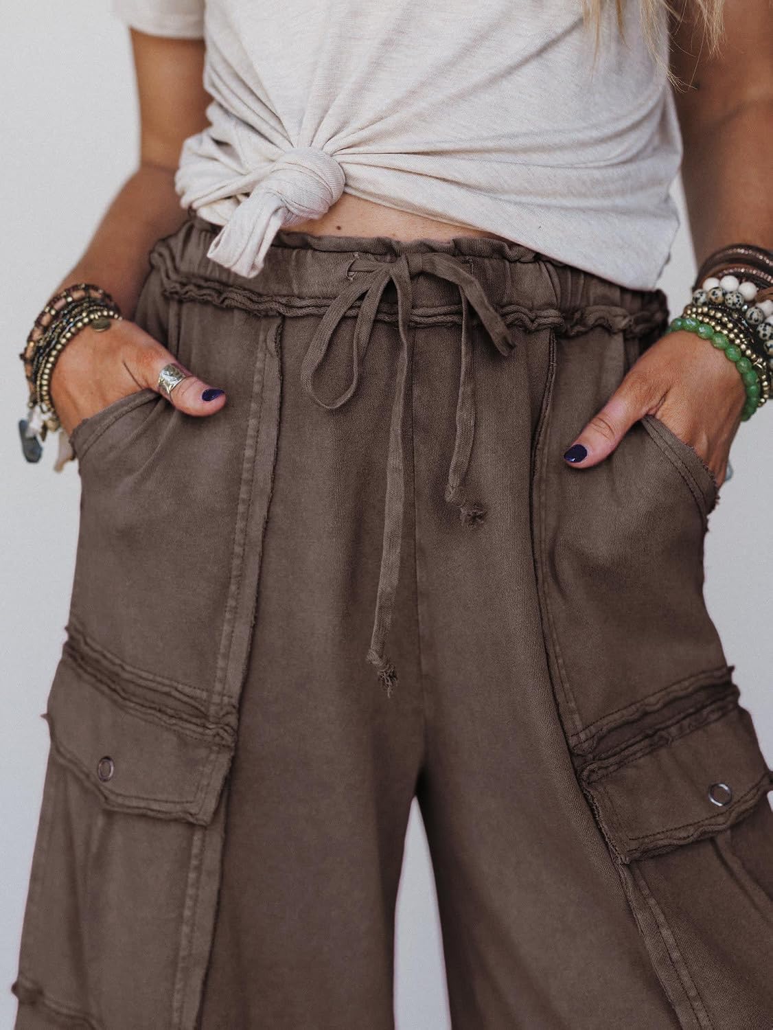 Athlisan Womens Wide Leg Acid Wash Sweatpants High Rise Baggy Cargo Drawstring Elastic Waist Casual Boho Pants with Pockets