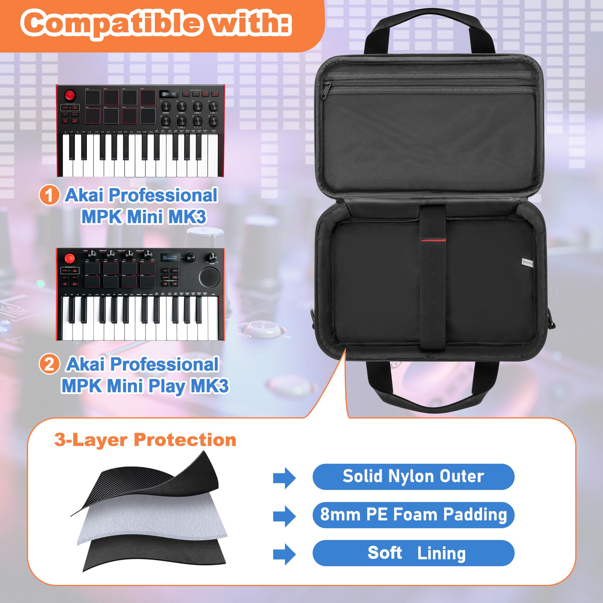 PGmoon Custodia Compatibile con Tastiera MIDI USB Akai Professional MPK Mini MK3 / MPK Mini Play MK3 a 25 Tasti, Borsa da Viaggio per Tastiera con Diverse Tasche per Accessori