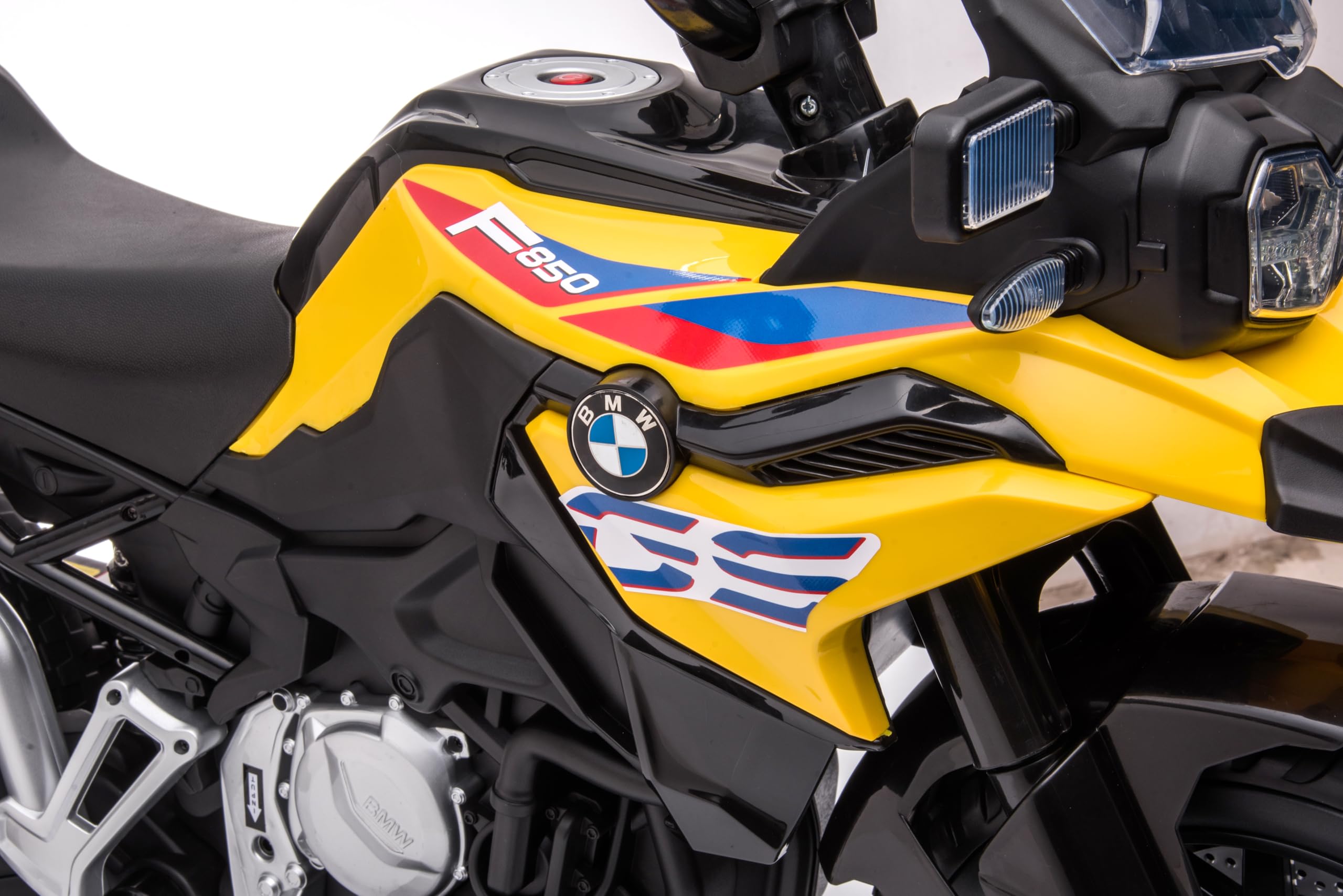 ATAA Elektrisches Motorrad für Kinder BMW GS F850, 12 V, Gelb, mit Rollen aus EVA und LED