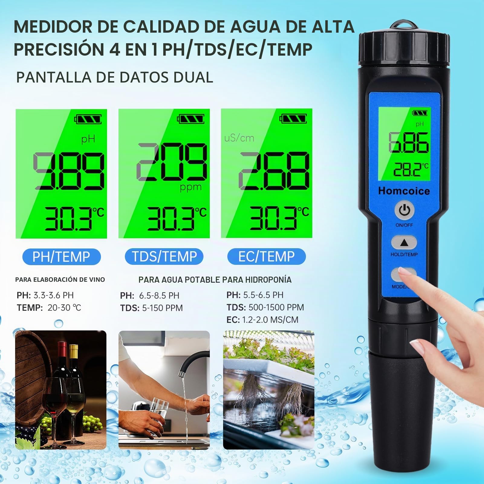 Medidor PH 4 en 1, PH TDS EC y Temperatura Meter con precisión 0,01 pH, compensación automática temperatura, Tester Calidad Agua IP67 resistente agua para piscinas, agua potable, e hidroponía