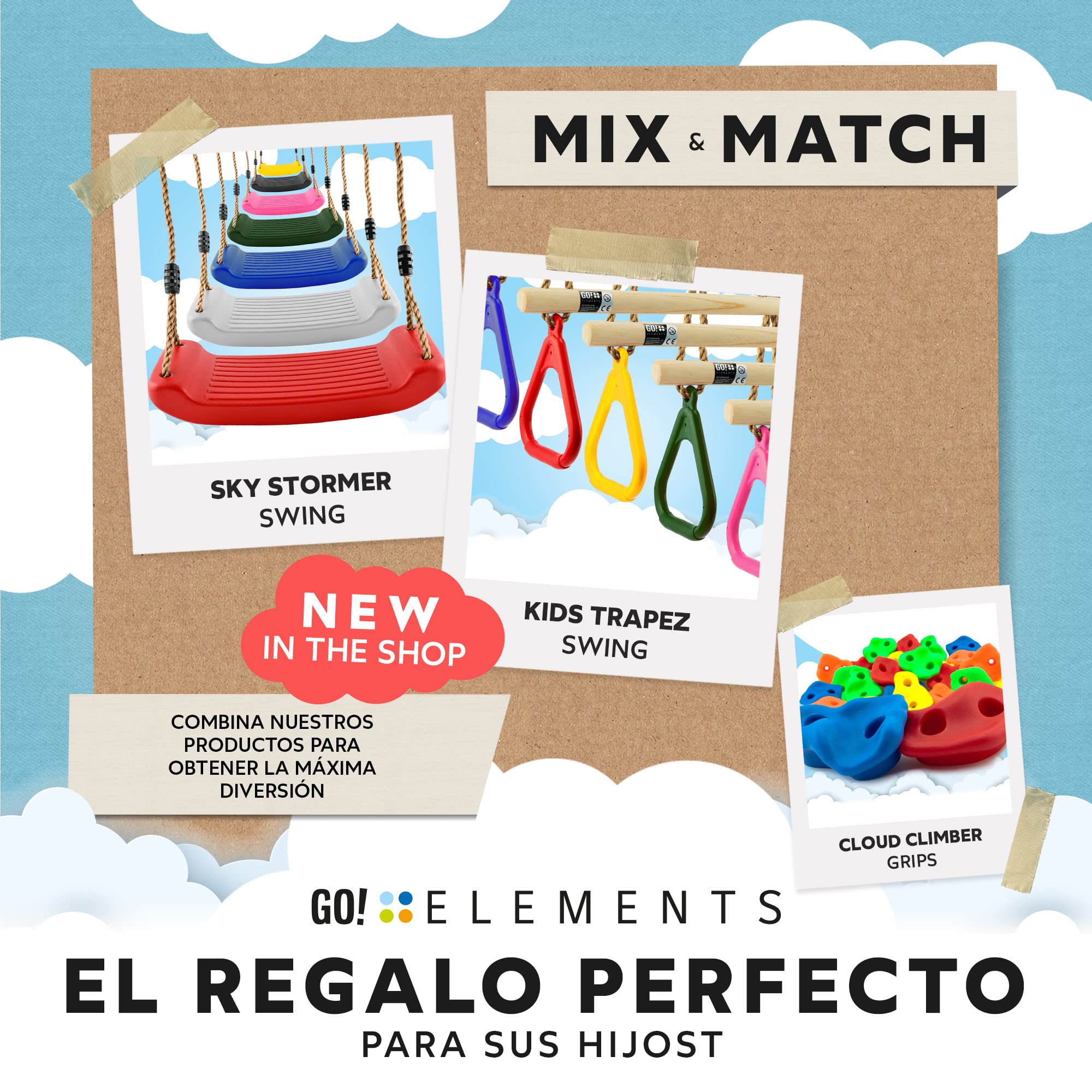 GOelements Columpio Trapecio Jardín Exterior Niños - Asiento Antideslizante - Altura Ajustable - Color: Amarillo