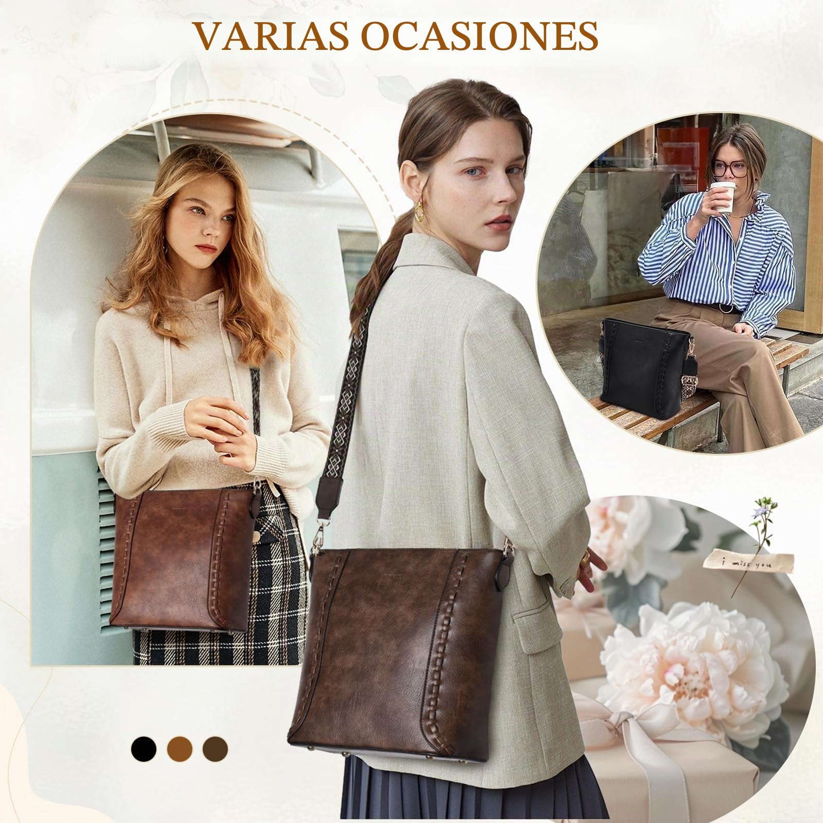 RAVUO Bolso Bandolera Mujer, Grande Bolso Cuero Mujer Bolso Hombro de Piel con 2 Correas Ajustable Crossbody Bag Bolso Shopper para Diario Viaje