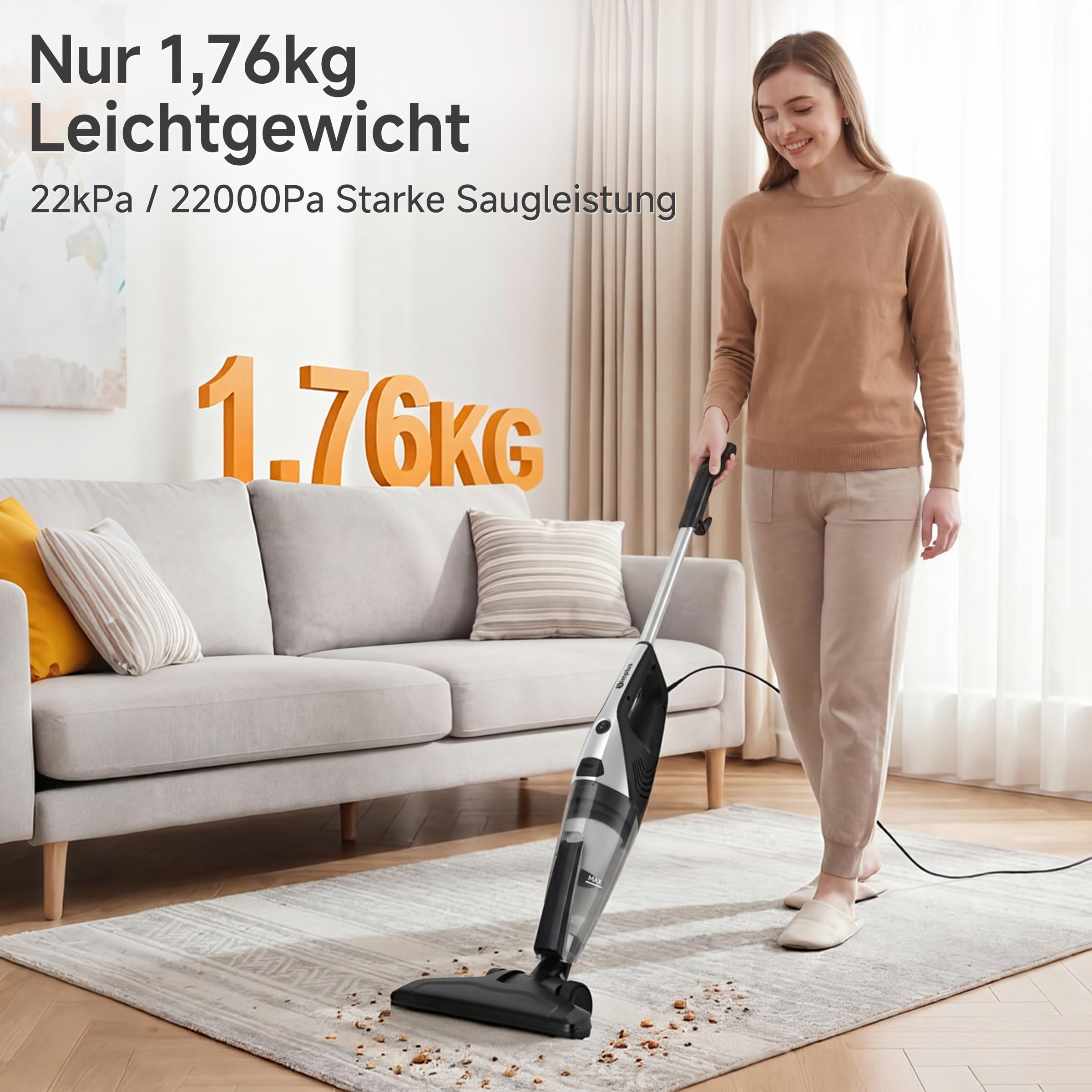 SIMPLUS Stielstaubsauger mit Kabel 600W, 2-in-1 Handstaubsauger, 22KPa Saugleistung, HEPA Filter, 1L Staubbehälter, leicht 1,76kg, für Hartboden & Teppich