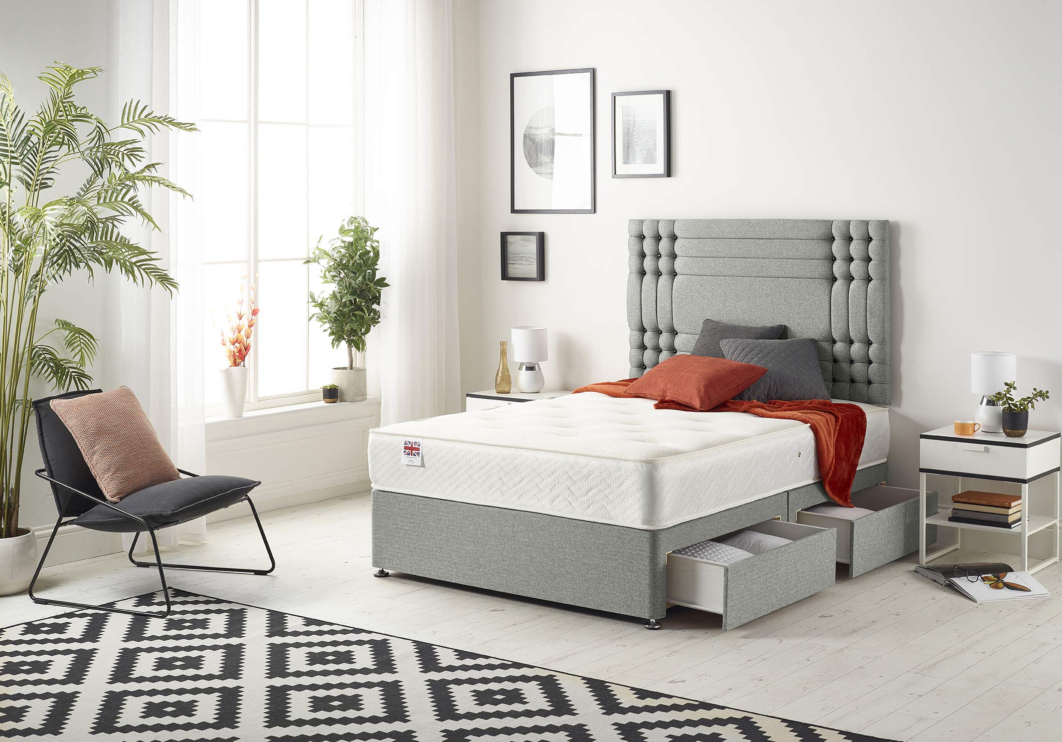 Bed Centre Flexby Parure de lit avec matelas à ressorts en mousse à mémoire de forme, 2 tiroirs et tête de lit – Disponible en différents tissus et couleurs 91 cm, 122 cm, 137 cm, 152 cm et 182 cm