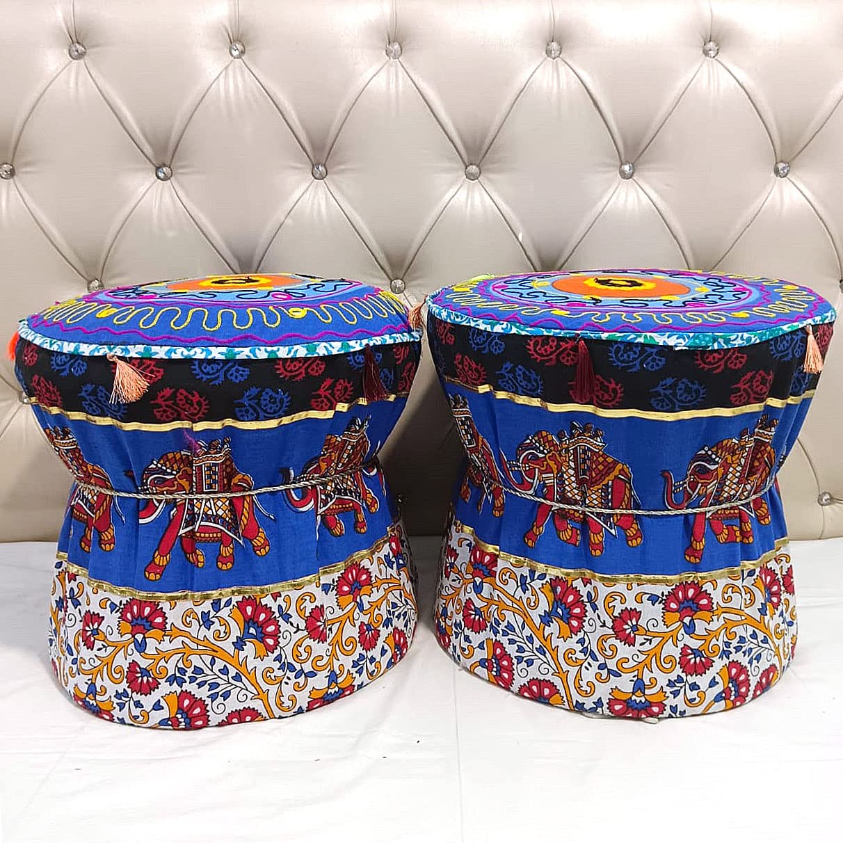 POSHMANDALA Rajasthani Style Multicolor Elephant Design Pouf Mudda Cover Ottoman Size 17x18 Inches Set of 2 Pieces (Cover Only)-image-48