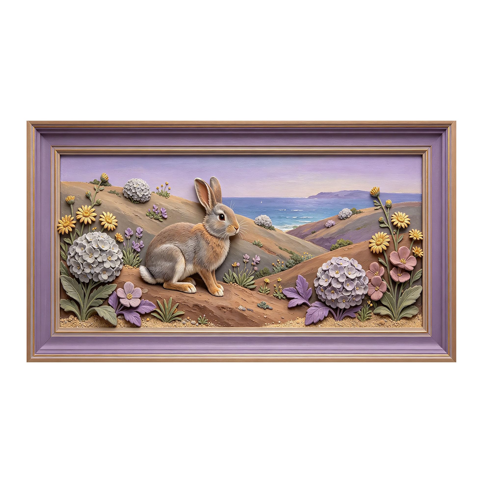 Murasolite 3D 3D Framed Wall Art 50cm×90cm Coastal Bunny Seaside Floral Landscape Relief Effect SelfAdhesive Fabric Mural Wall Decor, Peel and Stick No Damage to Wall for Bedroom Living Room
