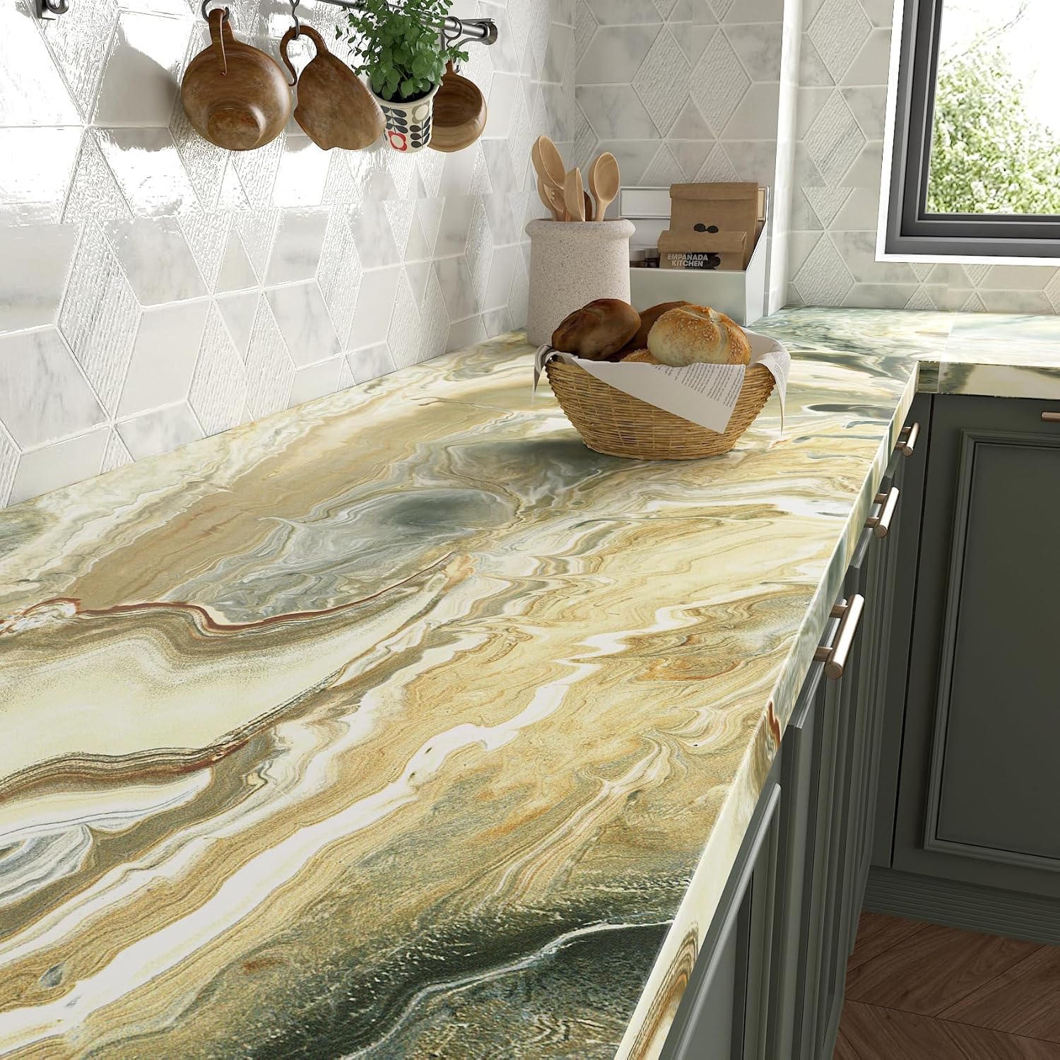 LACHEERY Green and Gold Marble Contact Paper for Countertops Matte Marble Countertop Peel and Stick Waterproof Bathroom Wallpaper Peel and Stick Countertops for Kitchen Counter Top Cabinets 15.8"x80"