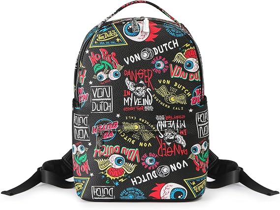Von Dutch Small Backpack Stylish Multi?Purpose Backpack with Front Zip Pocket, Adjustable Straps, and Durable Design (Black Jax)