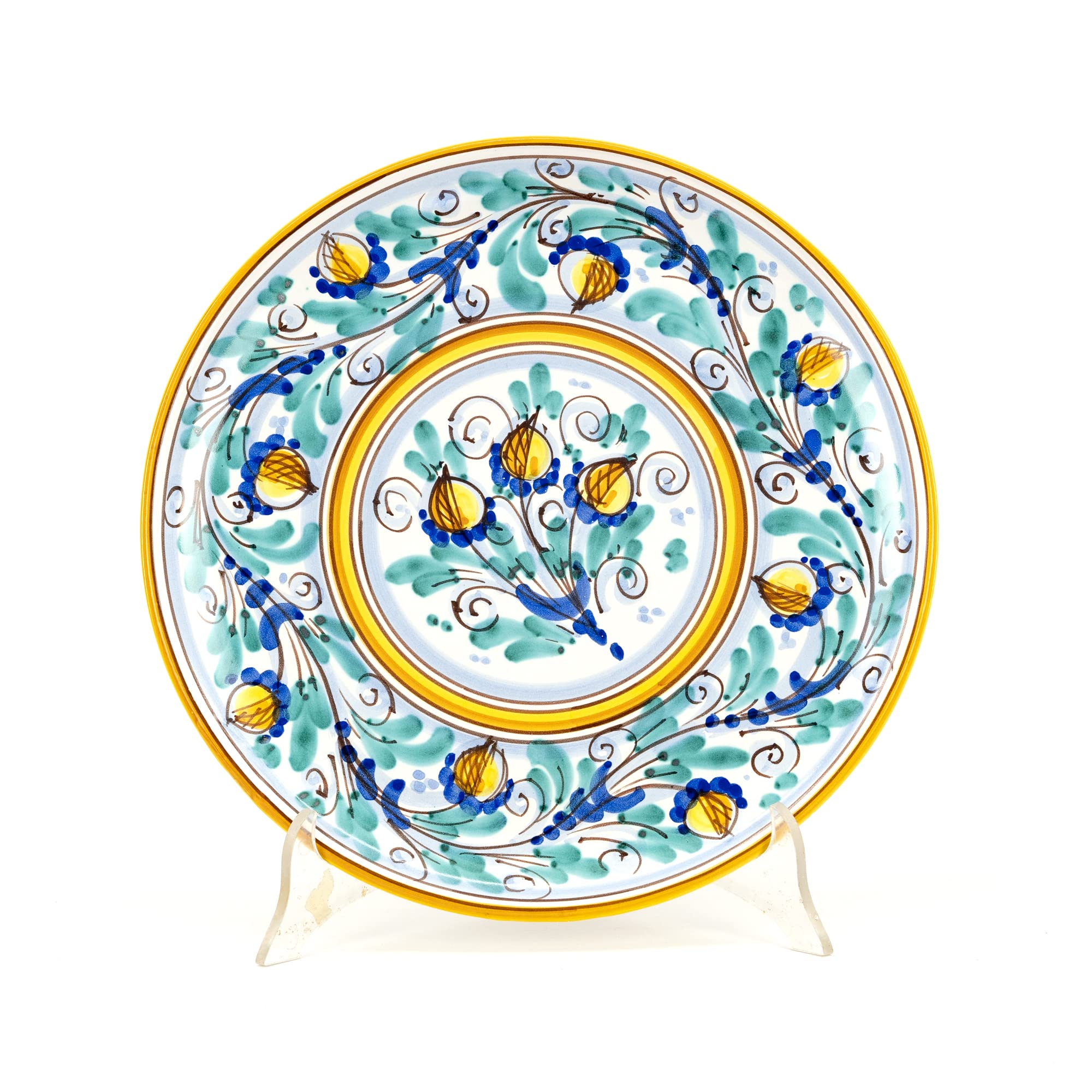 Dekorativer dekorativer Wandteller Ø 30 cm gelb aus sizilianischer Keramik von Caltagirone, verziert und handgefertigt.