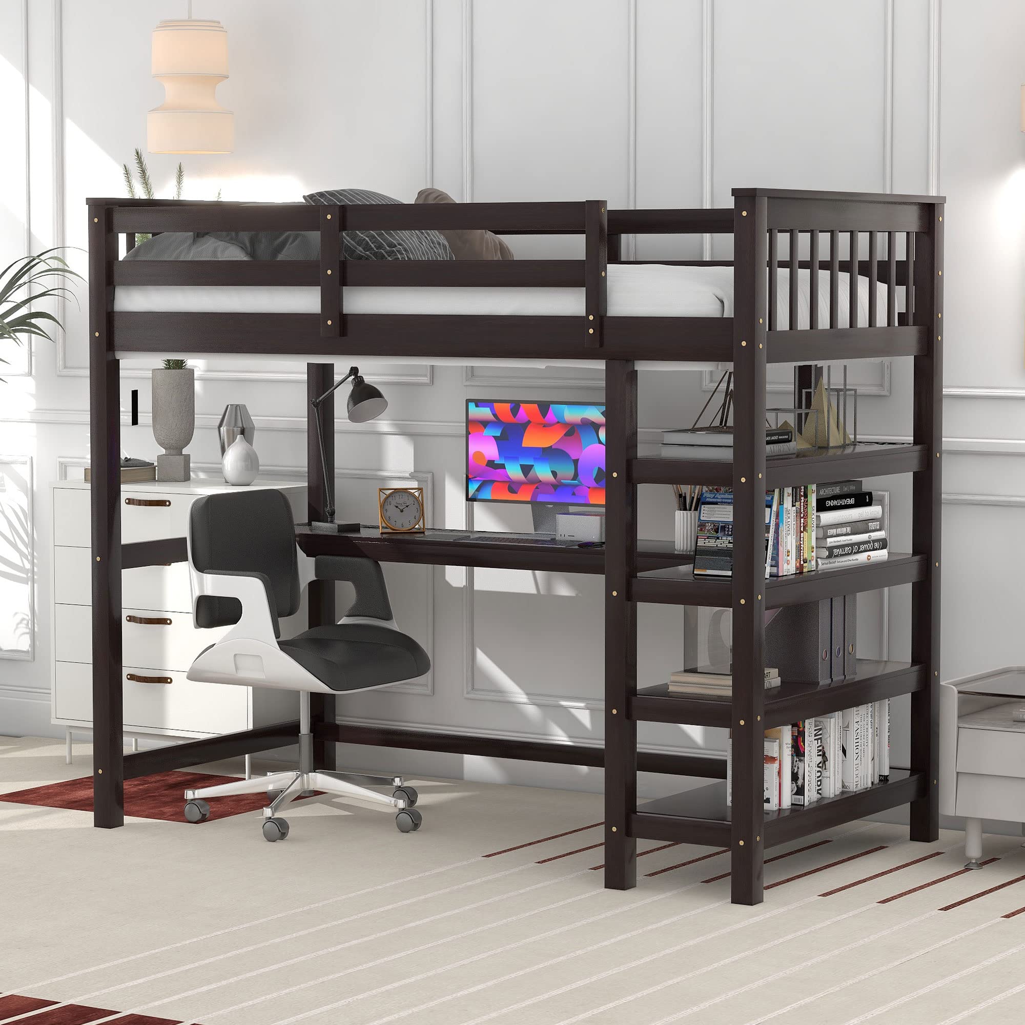 Merax Wood Loft Bed, Loft Bed with Storage Shelves and Under-Bed Desk Solid Wood Bed,Full Size, Espresso