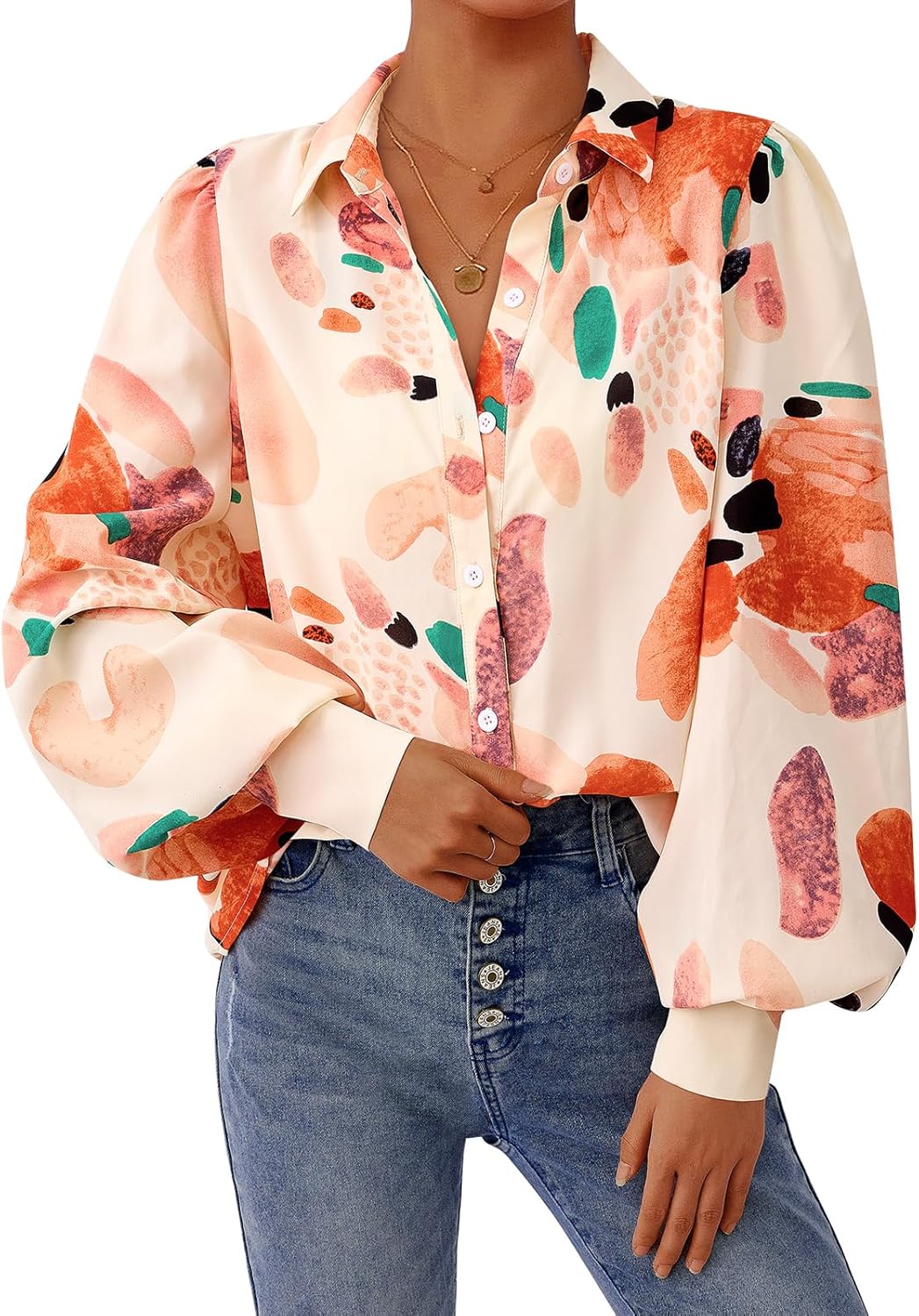 PRETTYGARDEN Women's Floral Blouses Dressy Casual V Neck Button Down Shirts Lantern Long Sleeve Boho Chiffon Spring Tops 2026