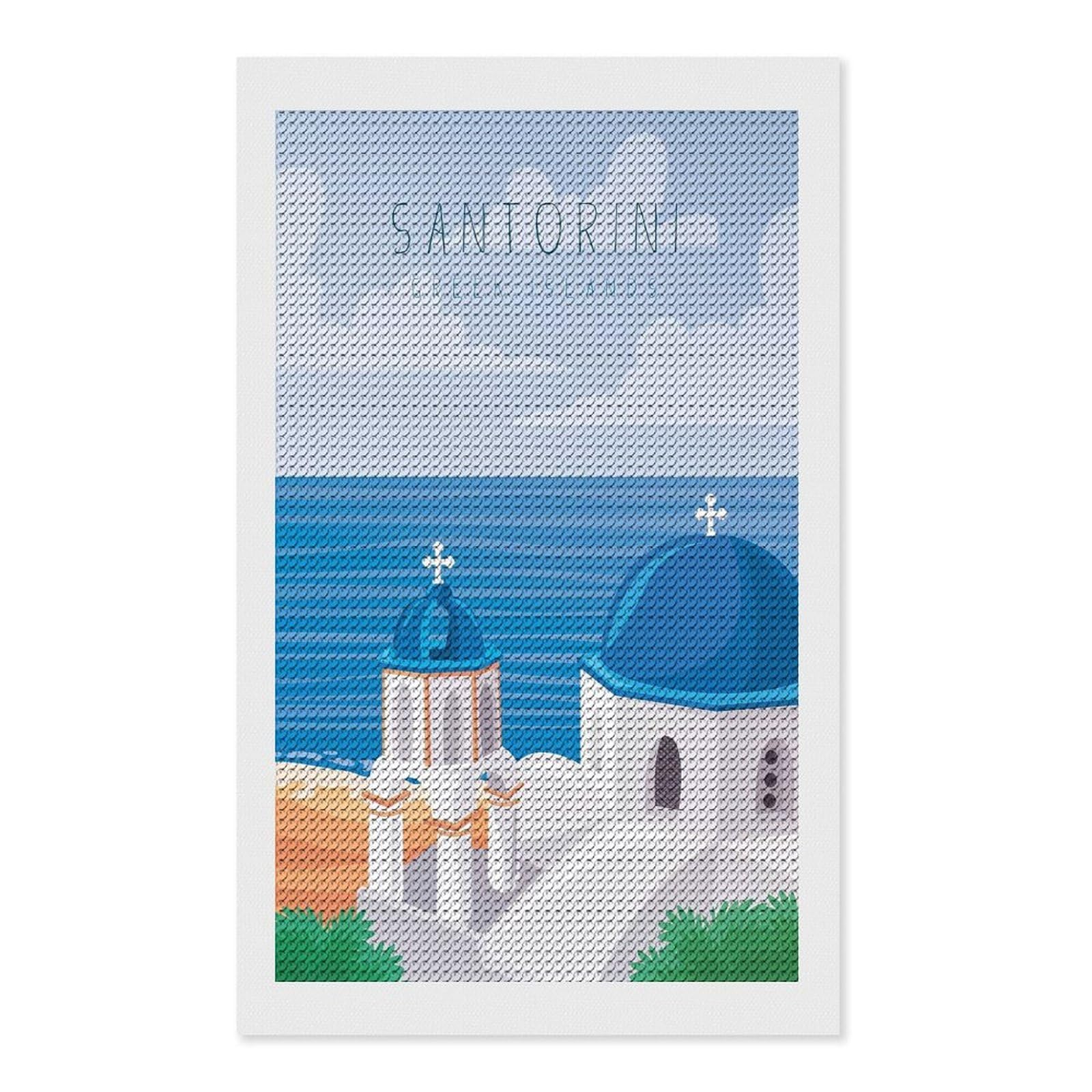 Junmoney Santorini Greece(3) Diamond Painting Set 12"x20", for Adults, Decorate Your Room, Thoughtful Handmade Gift, Boho Decor, with Tool Kit