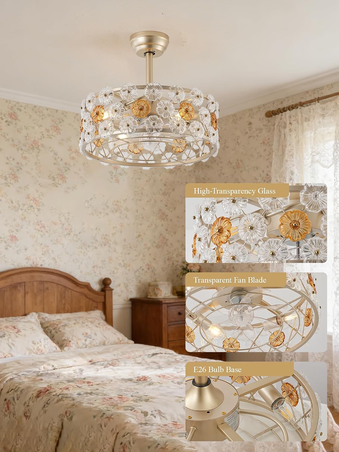 Crystal Fandelier Ceiling Fan with Light and Remote, Modern Gold Flower Ceiling Fan, Flush Mount Low Profile Retractable Blade Fan for Bedroom, Living Room, Girls Room, Kids Room