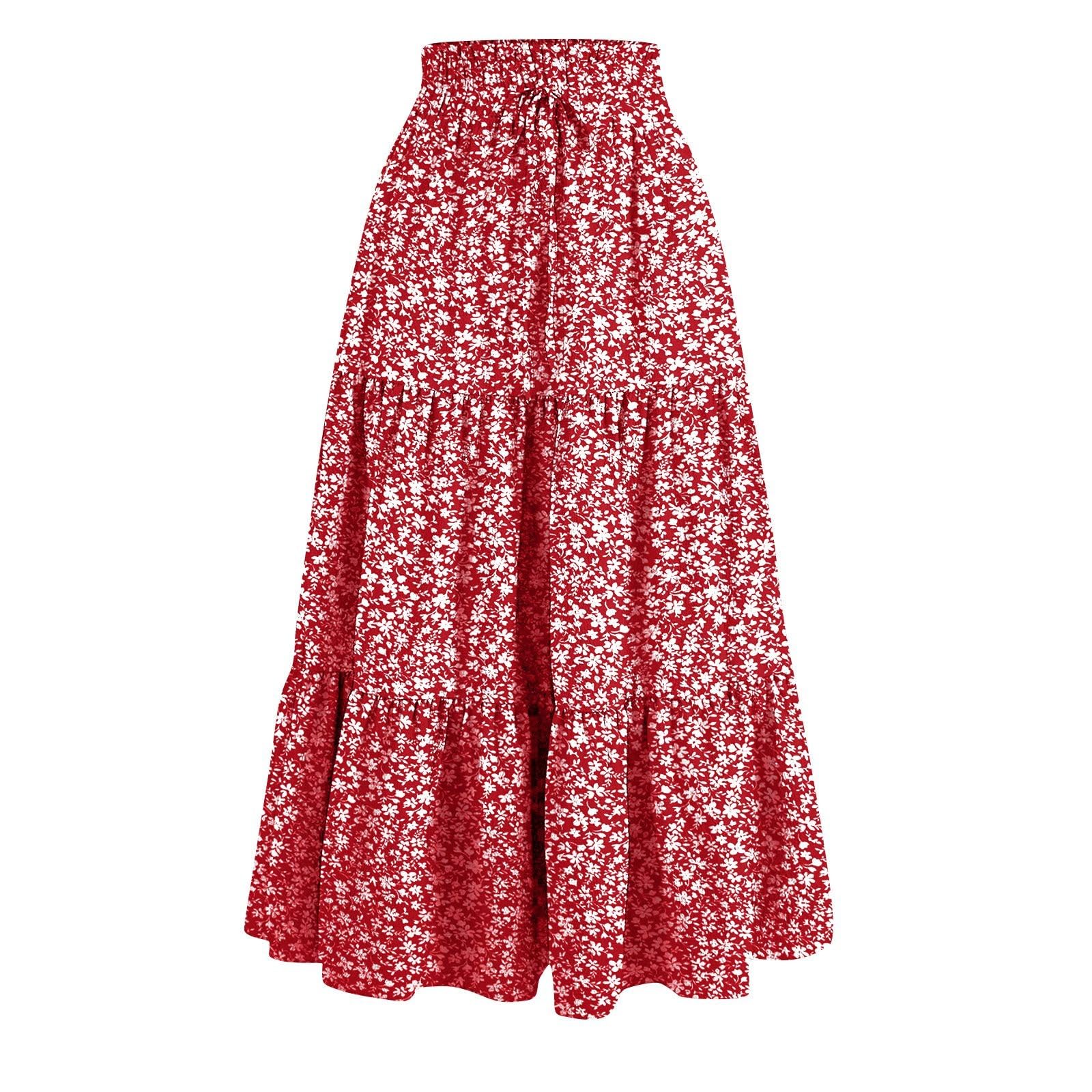 Womens Boho Maxi Skirt Trendy High Waisted Boho Floral Tiered Long Skirts Pull On Pleated Ruffle A-Line Flowy