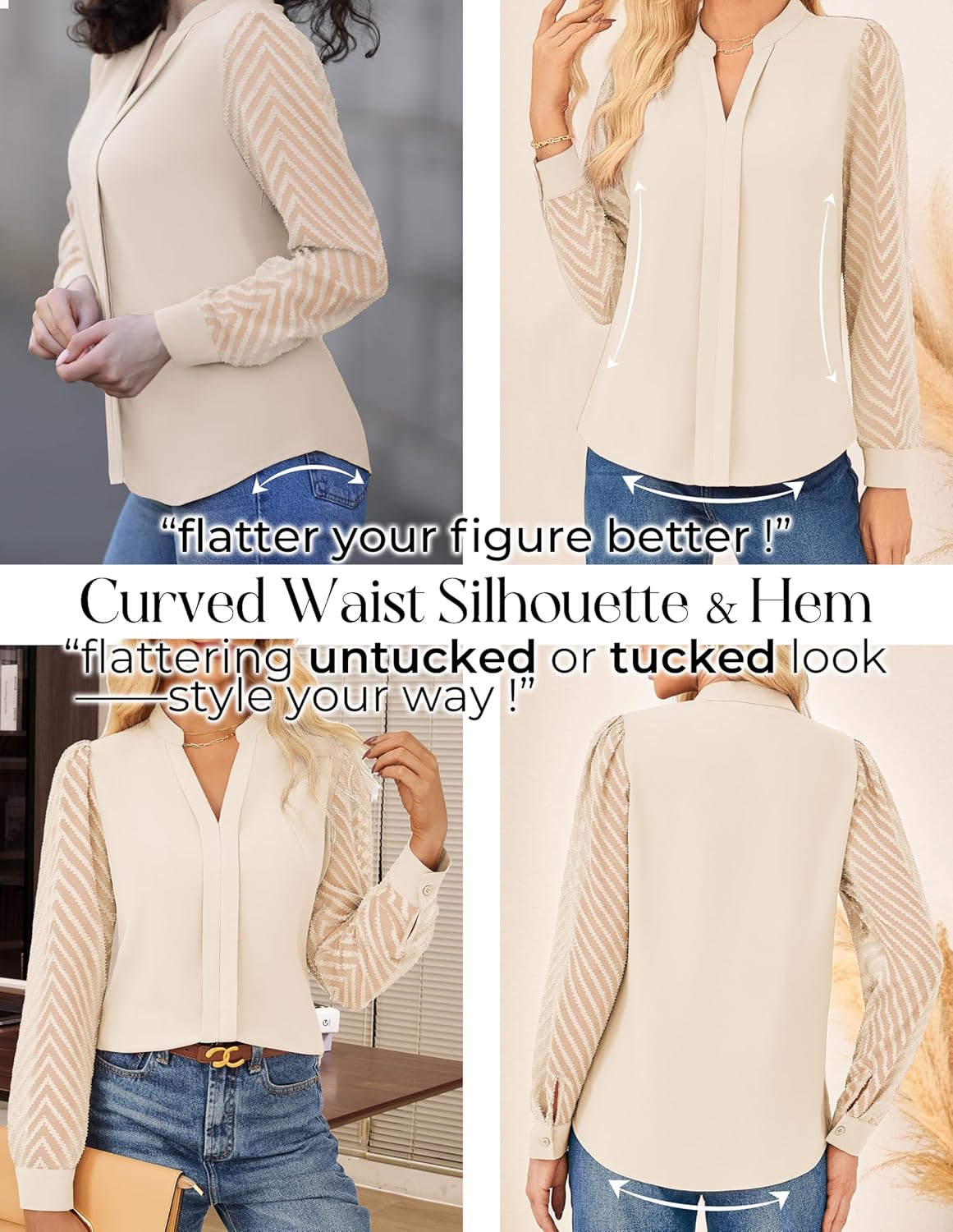 GRACE KARIN Women Business Casual Tops Sheer Lace Long Sleeve Blouses Work Office Pleated V Neck Shirt Fall Formal Outfits - Image 2