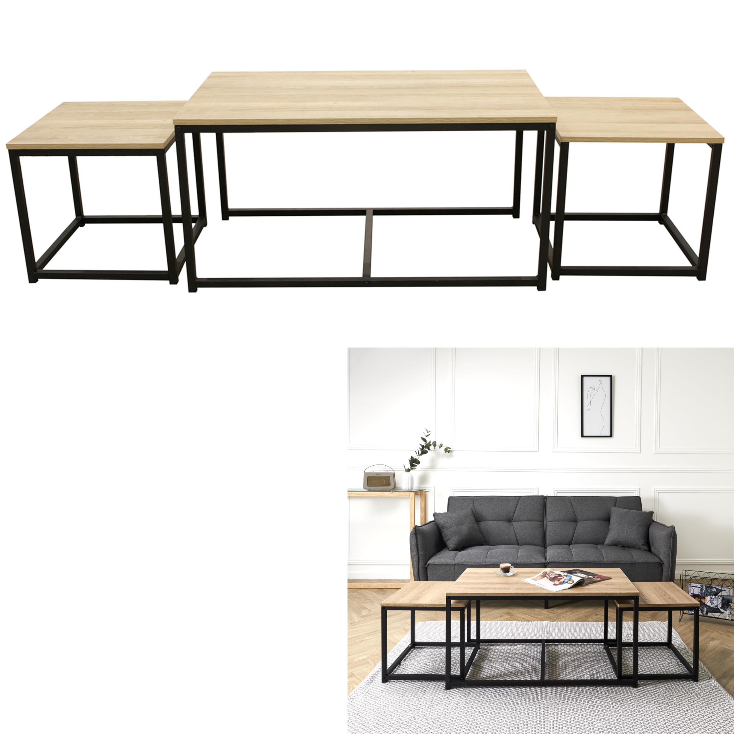 HOME DECO FACTORY - HD6579 Table Basse Industrielle Chic 3 Modules Seattle - Conçu pour Mobilier Bureau Gain de Place - Bois MDF et Métal - Dimensions 90 x 50 x 45 cm - Couleur Noir
