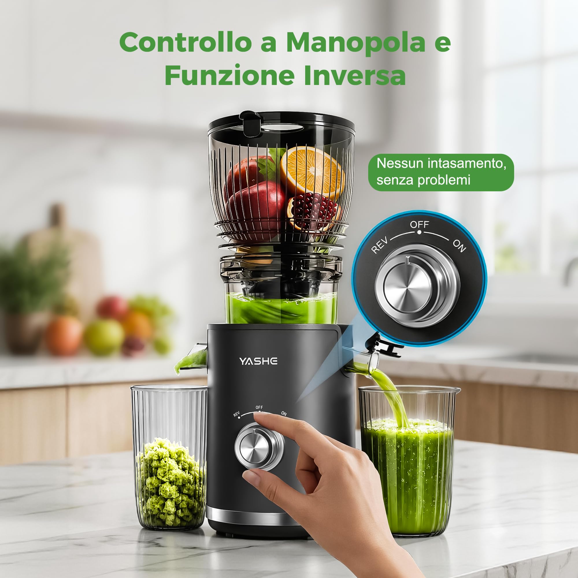 YASHE Estrattore di Succo Lento 300W, Bocca 148 mm per Frutta e Verdura Intera, Slow Juicer con Funzione Inversa, Motore Silenzioso, Senza BPA, Facile da Pulire