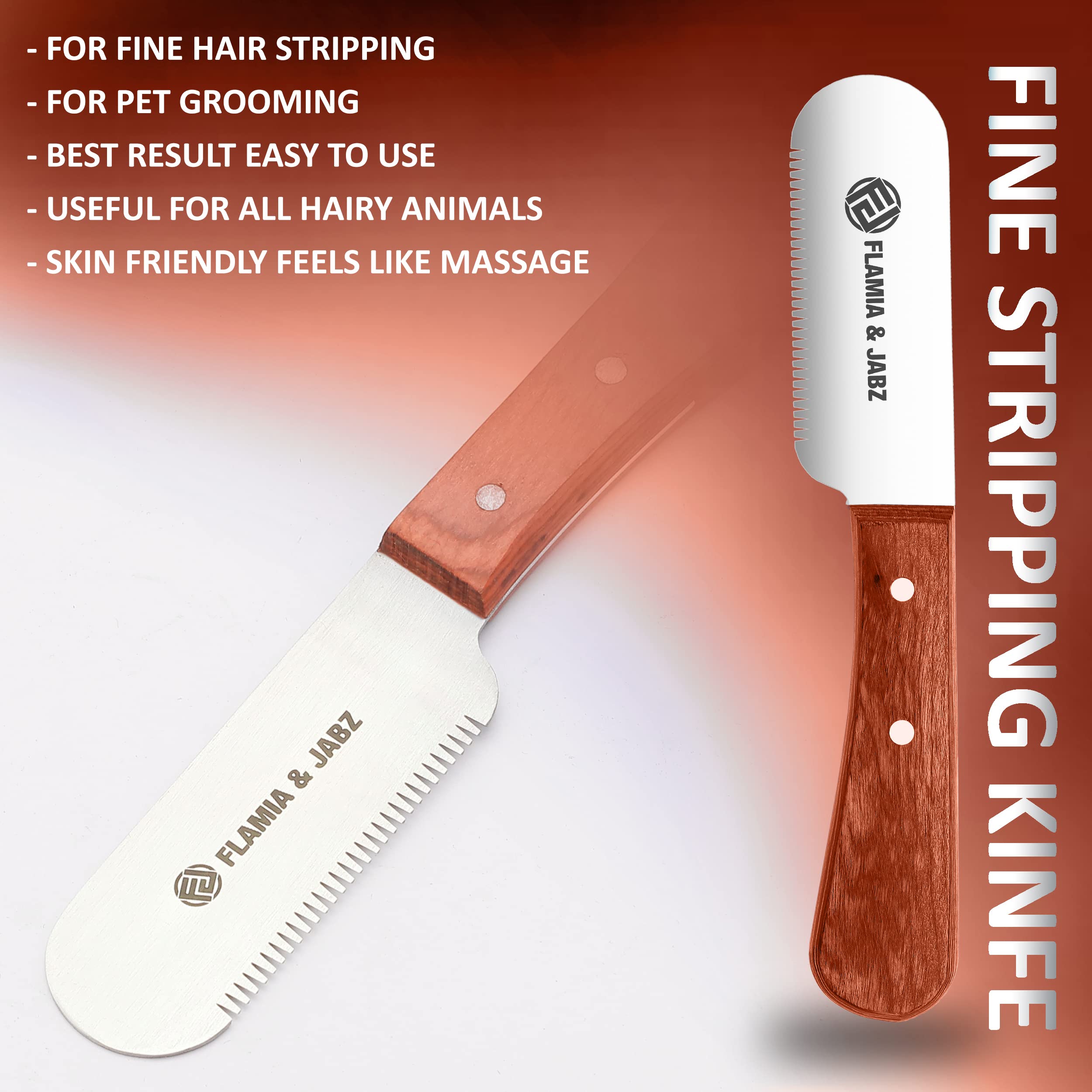 FLAMIA & JABZ Kit spelafili professionale (set da 6 pezzi) per cani e animali domestici, manico in legno con lama in acciaio inox (destrorsi) (arancione)