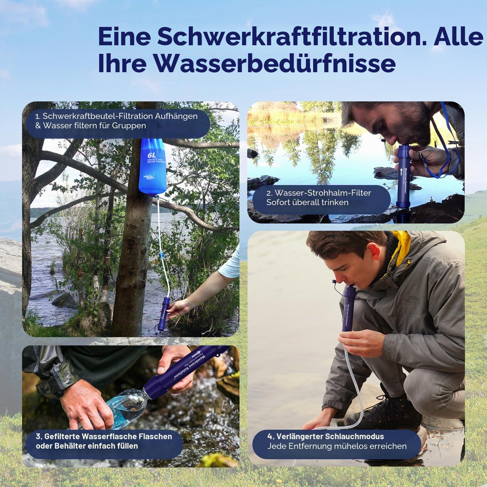 Membrane Solutions Gravity Wasserfilter Outdoor, 6 L Wasserbeutel Camping, Filtergenauigkeit bis zu 0,1 Mikron, Entfernt 99,9999% E.Coli, BPA-frei, für Notfälle, Wandern, Reisen