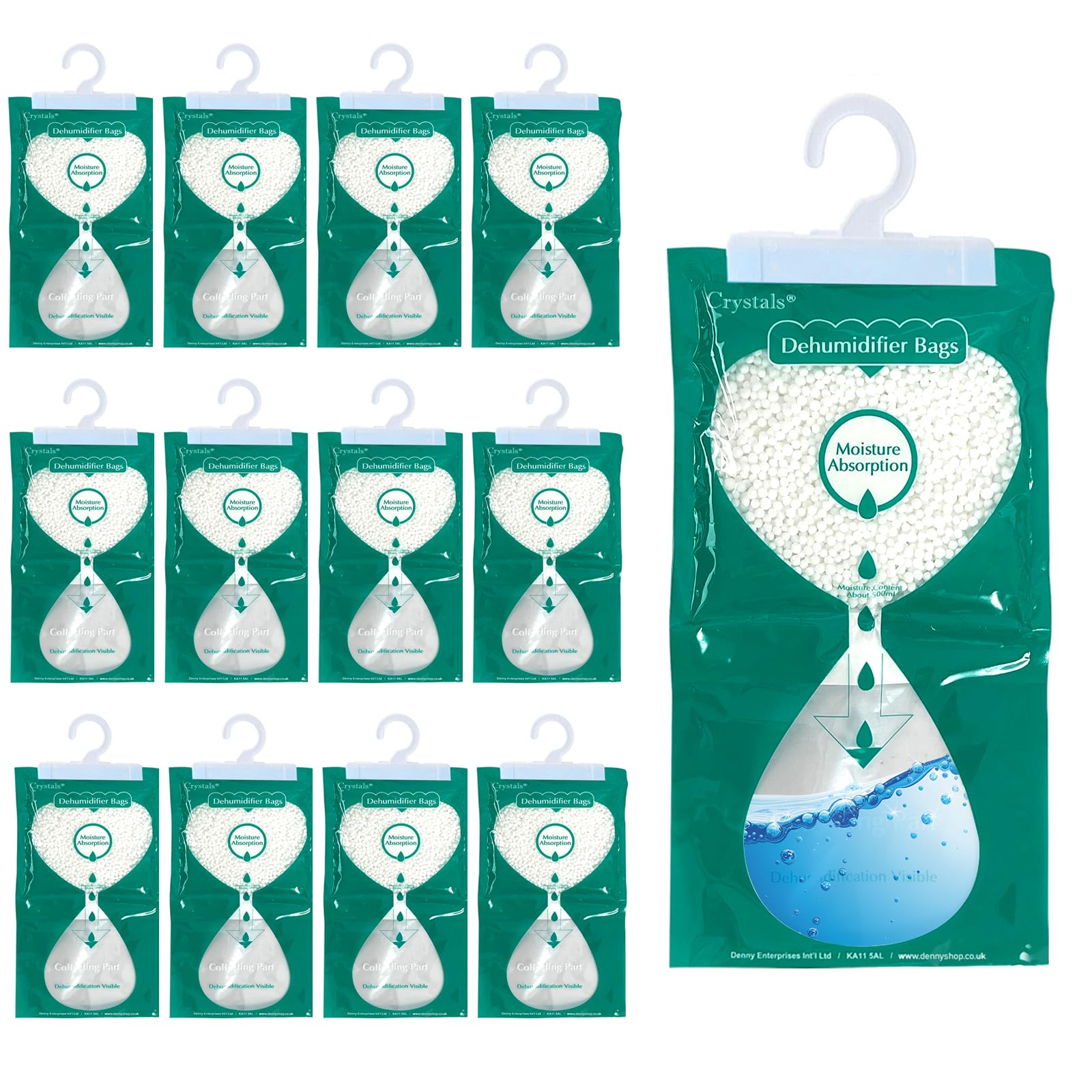 Crystals 12 Wardrobe Dehumidifier Hanging Bags, Moisture Absorber with Moisture Storage Leak Proof Bag + Hanging Hook, Damp Condensation Traps for Wardrobe, Closet, Bookcase – 250g Each (12)