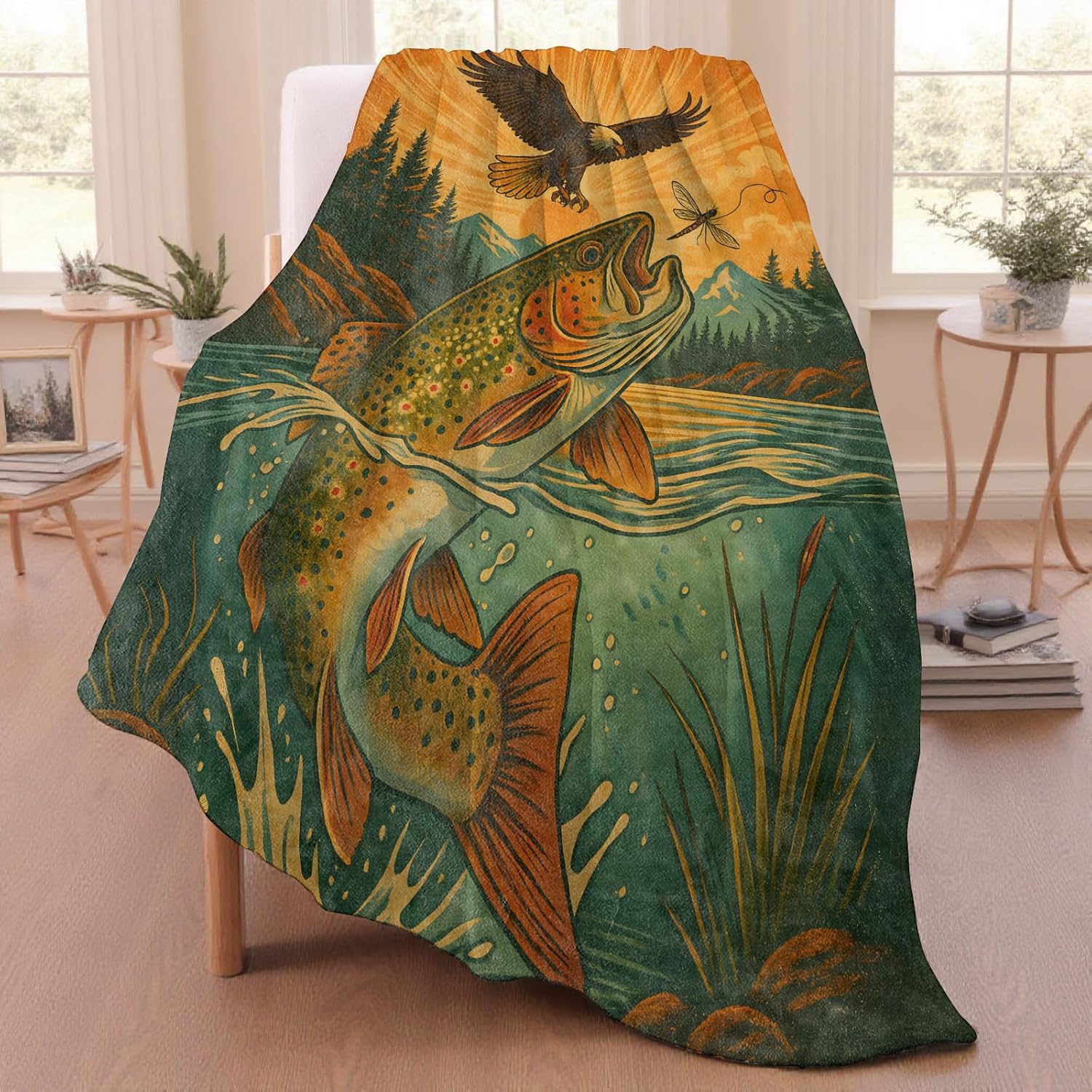 Trout Fish and Eagle Throw Blanket for Adutls Kids, 60x80 in, Cozy Soft Warm Fleece Blankets Gifts for Couch, Camping, Hiking Decor