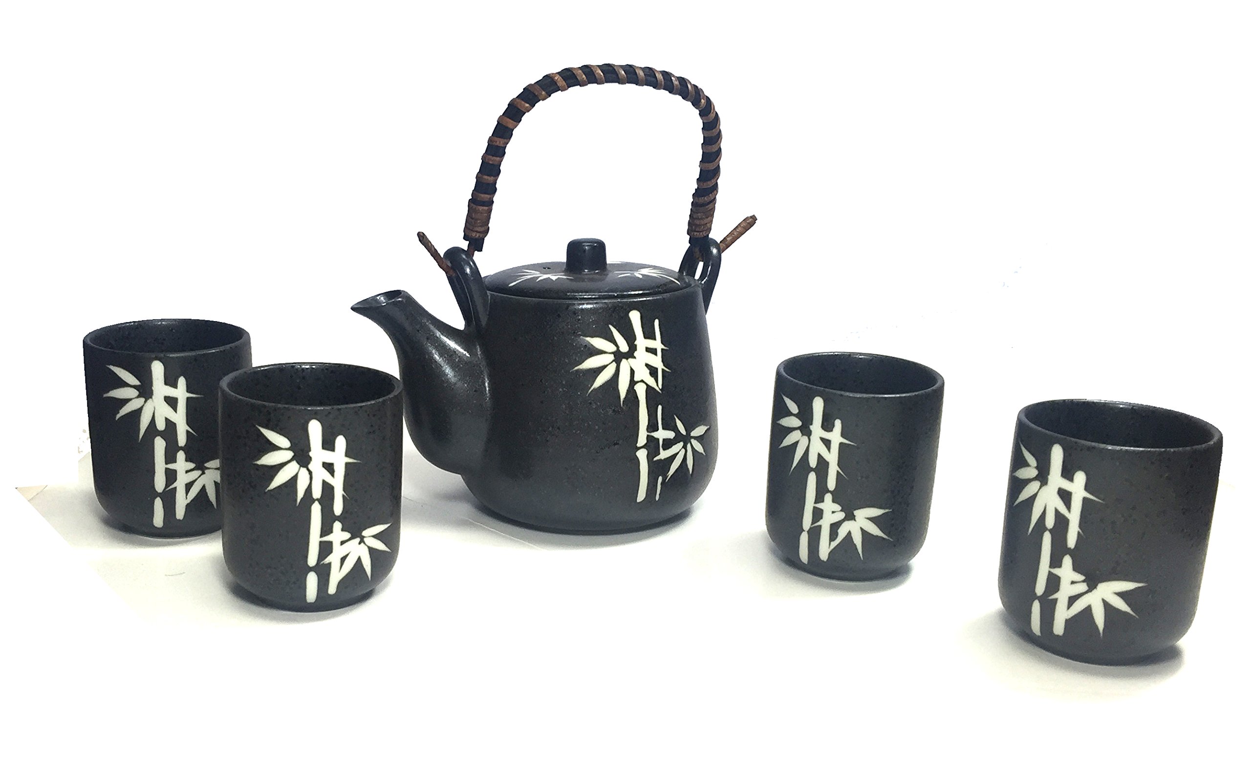Oriental Style Bamboo Teapot Ceramic Tea Pot Set Black & White (1 Teapot 4 Cups)