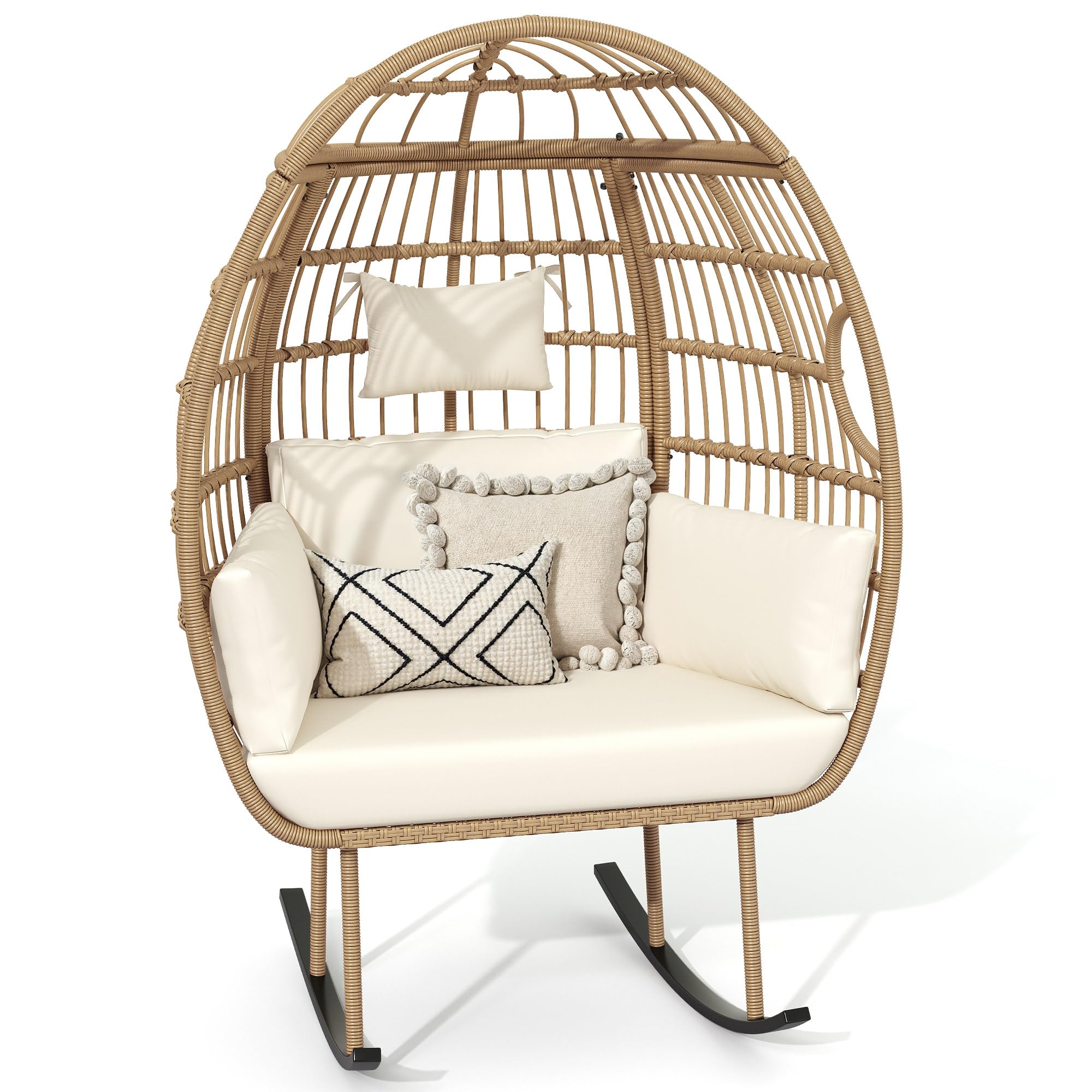 DWVO Rocking Egg Chair Outdoor, 370lbs Capacity Oversized Patio Glider Basket Chair, All-Weather Wicker Egg Lounger Chair for Outside Indoor, Beige