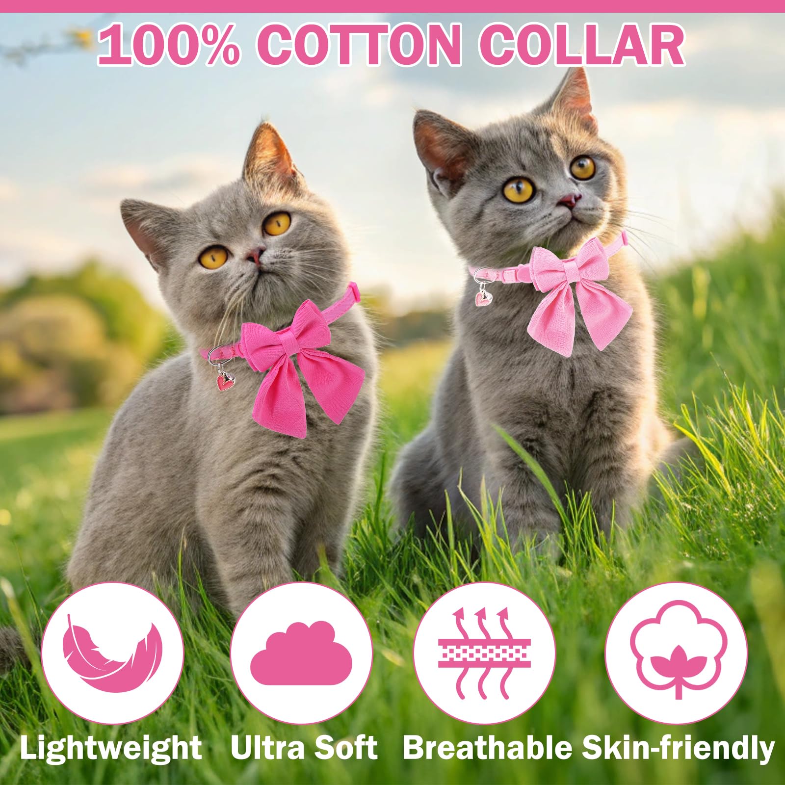 Collar de gato con campanas, collar de lazo rosa para gatos hembra, collar de gatos pequeños con lazo para primavera y verano, paquete de 2 collares suaves y bonitos con cuello de camisa