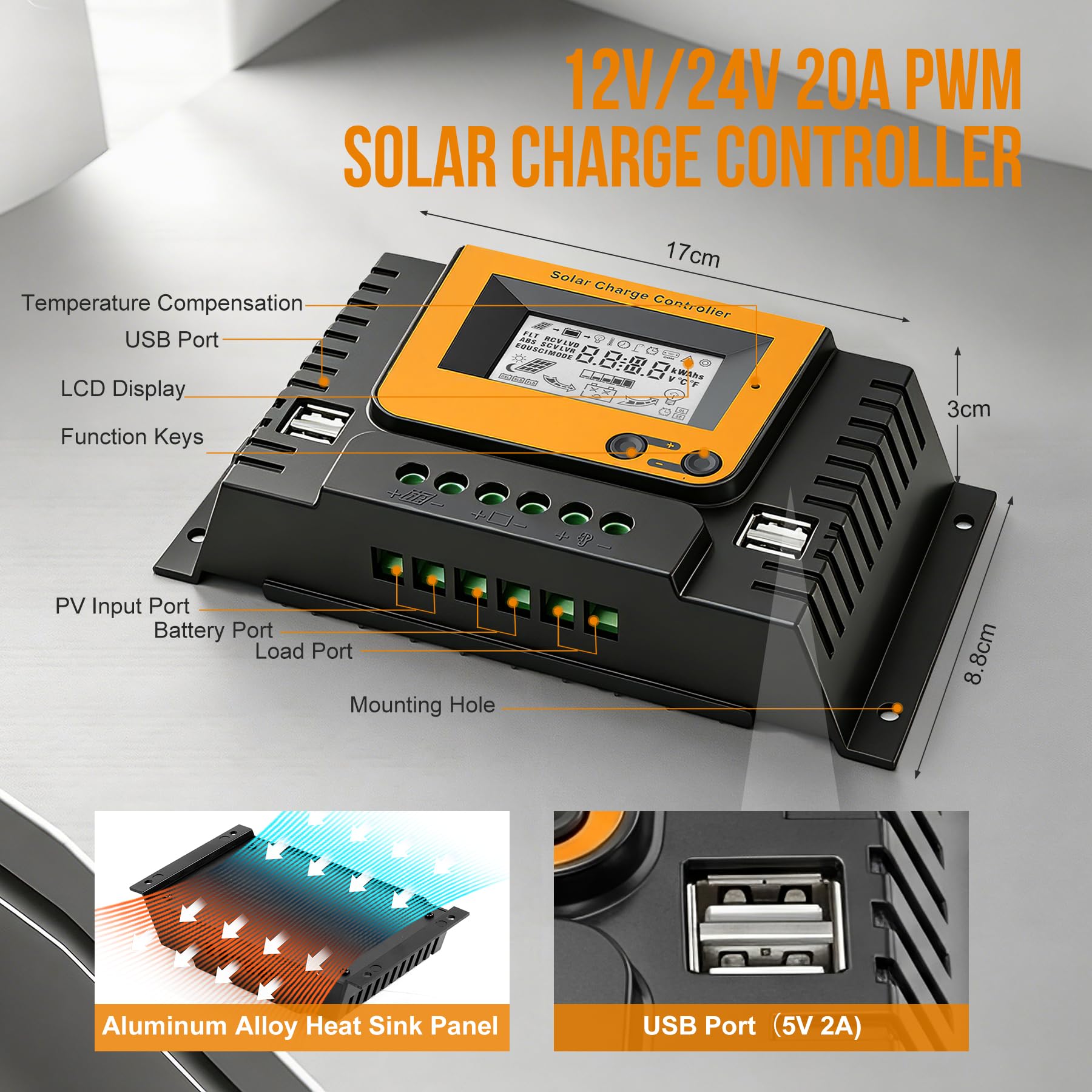 20A Solar Laderegler 12V 24V Mit Bluetooth, PWM 20A Solarladeregler mit Temperatursensor LCD Anzeige und 4 USB Ports,Geeignet 12V 24V LI SLD FLD GEL AGM Batterie
