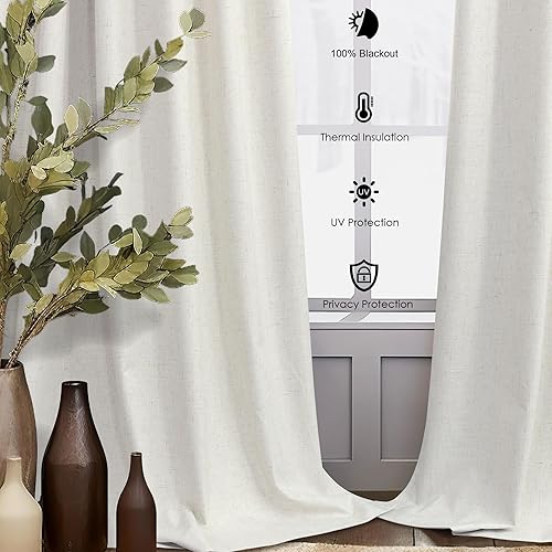 Miniatura 6 de Cortinas opacas de mezcla de lino crema de 84 pulgadas de largo, 2 paneles con pestaña trasera, aislamiento térmico, cortinas de bloqueo de luz