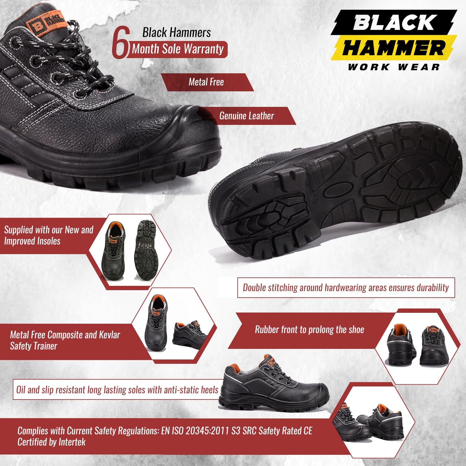 BLACK HAMMER Zapatos de Seguridad para Hombre Sin Metal Nivel S3 SRC Ultraligeros y con Refuerzo Kevlar 2252 Negro (43 EU)