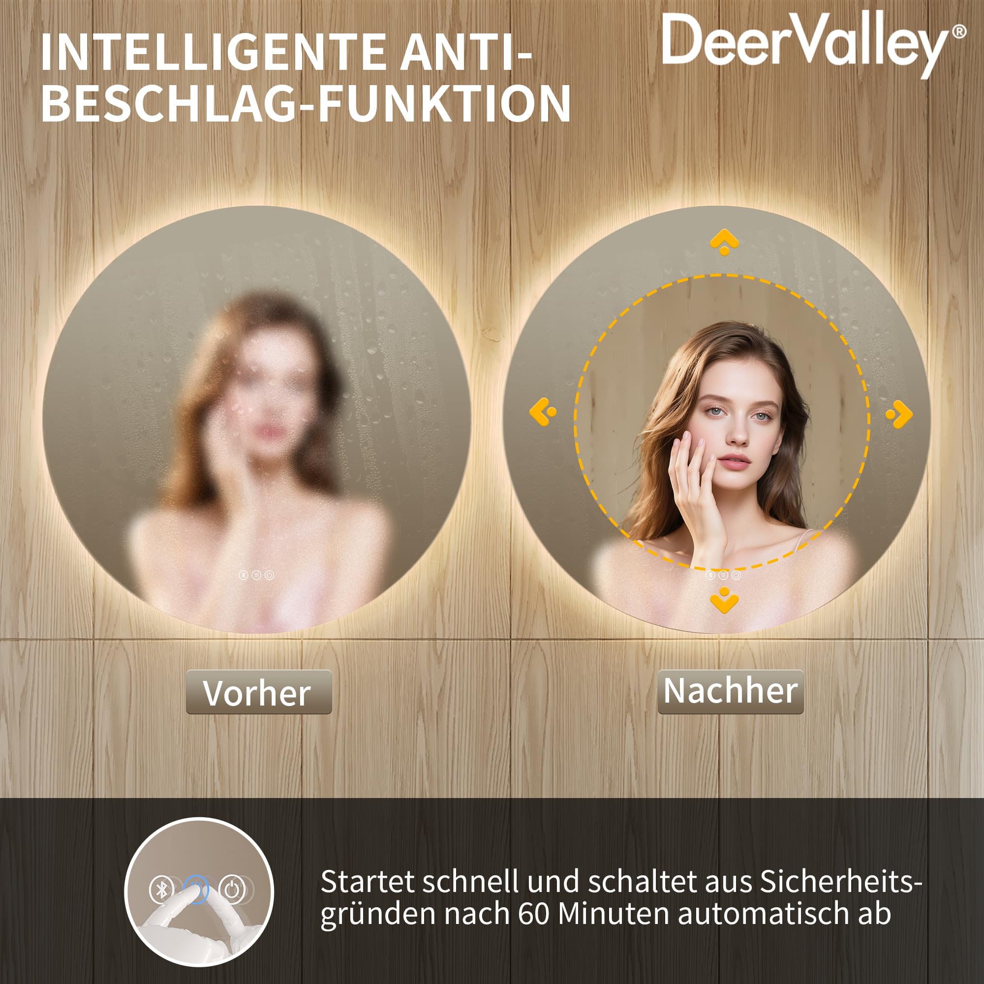 DeerValley Badspiegel mit Beleuchtung 80cm, Anti Beschlag LED Spiegel mit 3-Fach Vergrößerung, 3 Farbtemperatur und Bluetooth Lautsprecher