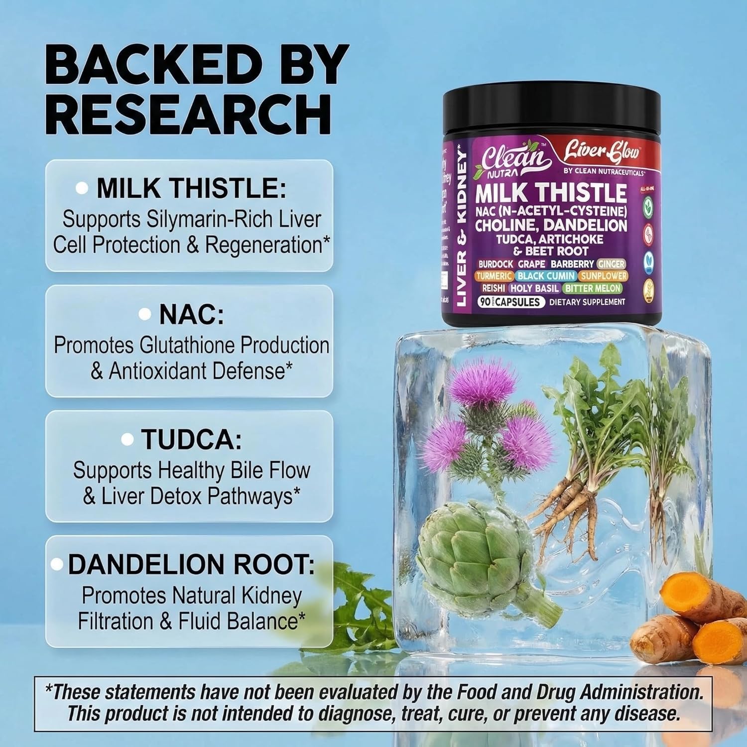 Clean Nutra Organic Milk Thistle Supplement | Liver Cleanse Detox & Repair + NAC Choline Dandelion Root TUDCA Artichoke Beet Root Burdock Holy Basil Kidney & Liver Support 90 Vegan Capsules