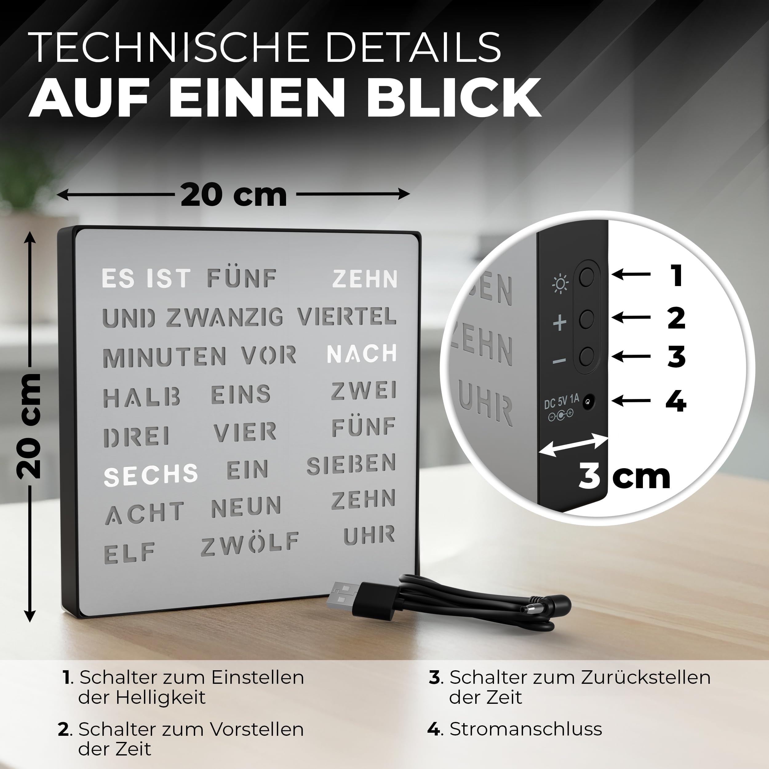 Bada Bing LED Wortuhr Silber mit Deutscher Wort Anzeige - edle Metall Uhr mit USB Kabel Wanduhr modern - Tischuhr hochwertig lautlos zum Aufstellen/Aufhängen - Deko Geschenk Männer Geburtstag Büro