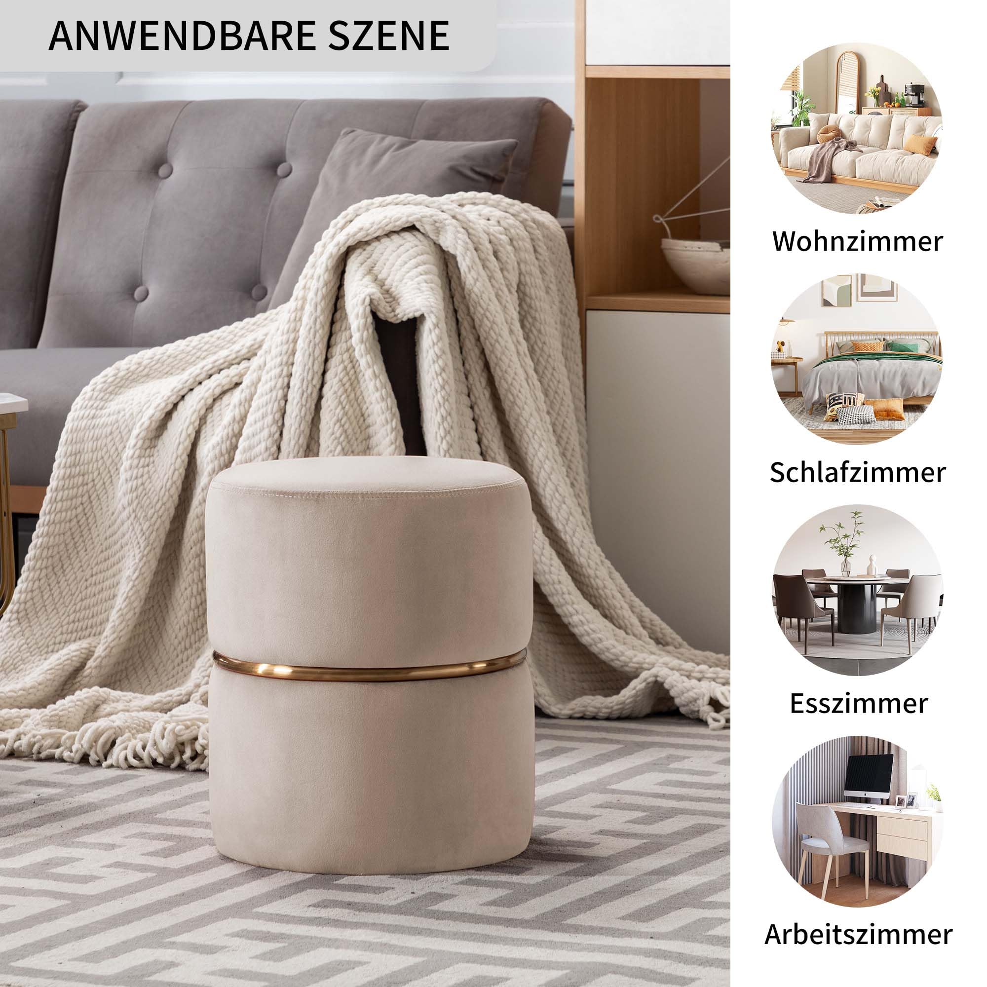 Duhome Taboret do siedzenia taboret okrągły taboret tapicerowany taboret do makijażu szlachetny design 9123, kolor: cappuccino, materiał: aksamit