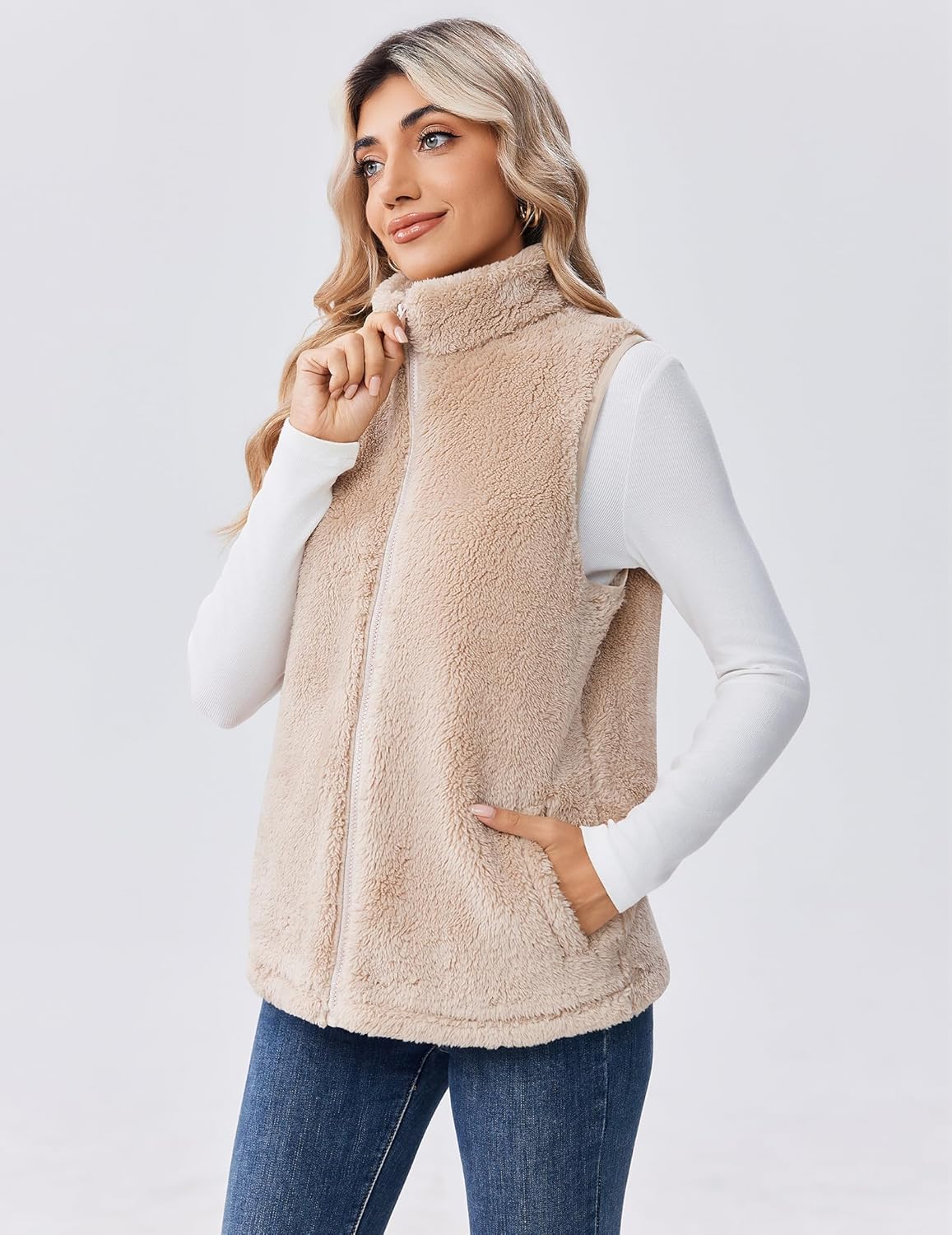 Zeagoo Vest For Women Sleeveless Sherpa Fleece Jackets Lightweight Zip Up Fall Winter Coats With Pockets - Image 5