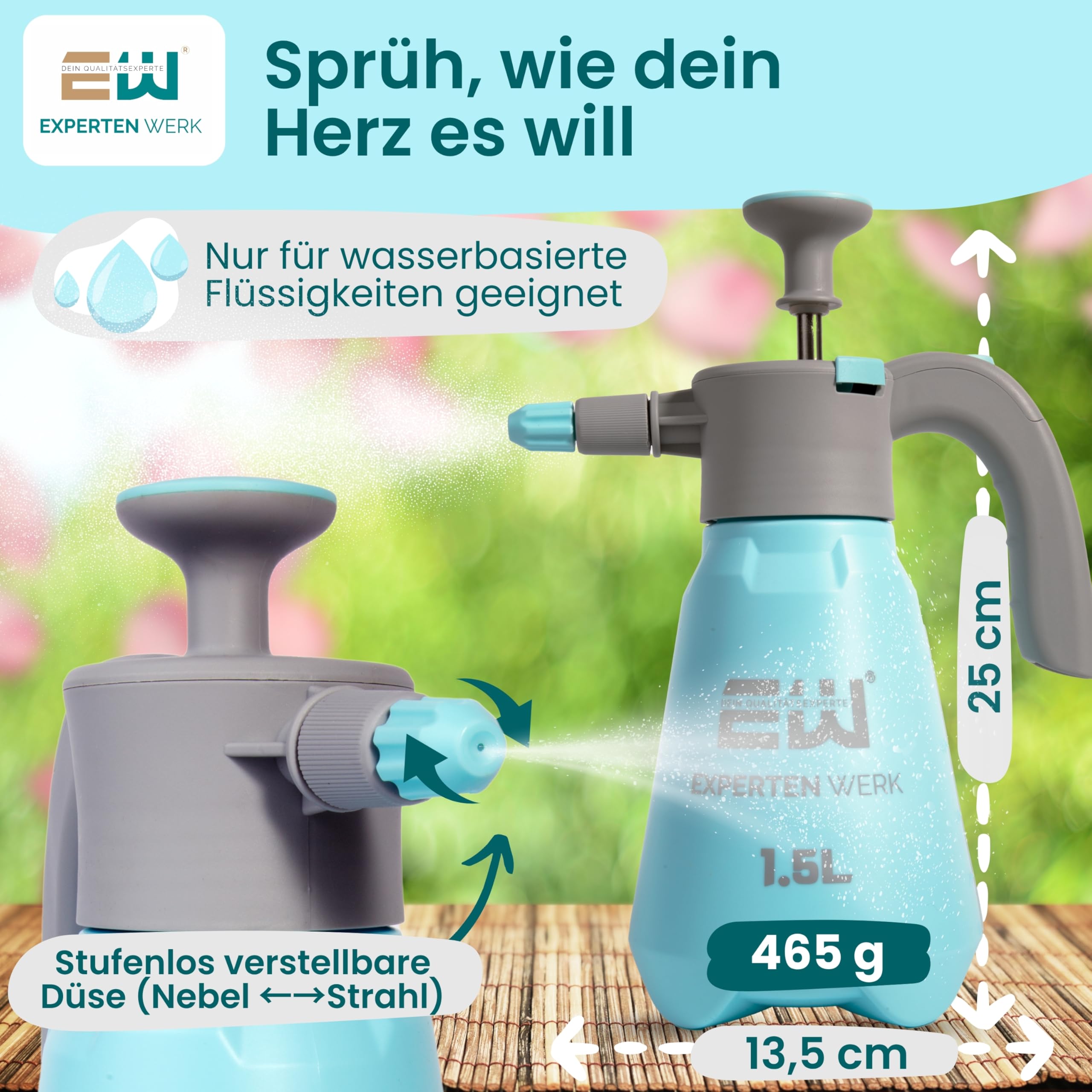 ExpertenWerk Drucksprüher 1,5L für Blumen Pflanzen Balkon & Zimmerpflanzen – Auslaufsichere Pumpsprühflasche Gartenspritze Pflanzensprüher mit Verstellbarer Düse, feinem Sprühnebel & Überdruckventil