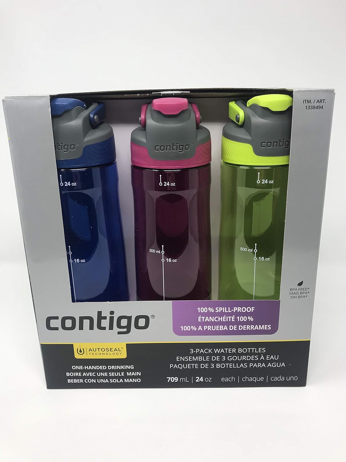 Contigo Auto Seal 3-Pack Water Bottles (Blue, Pink, Green)
