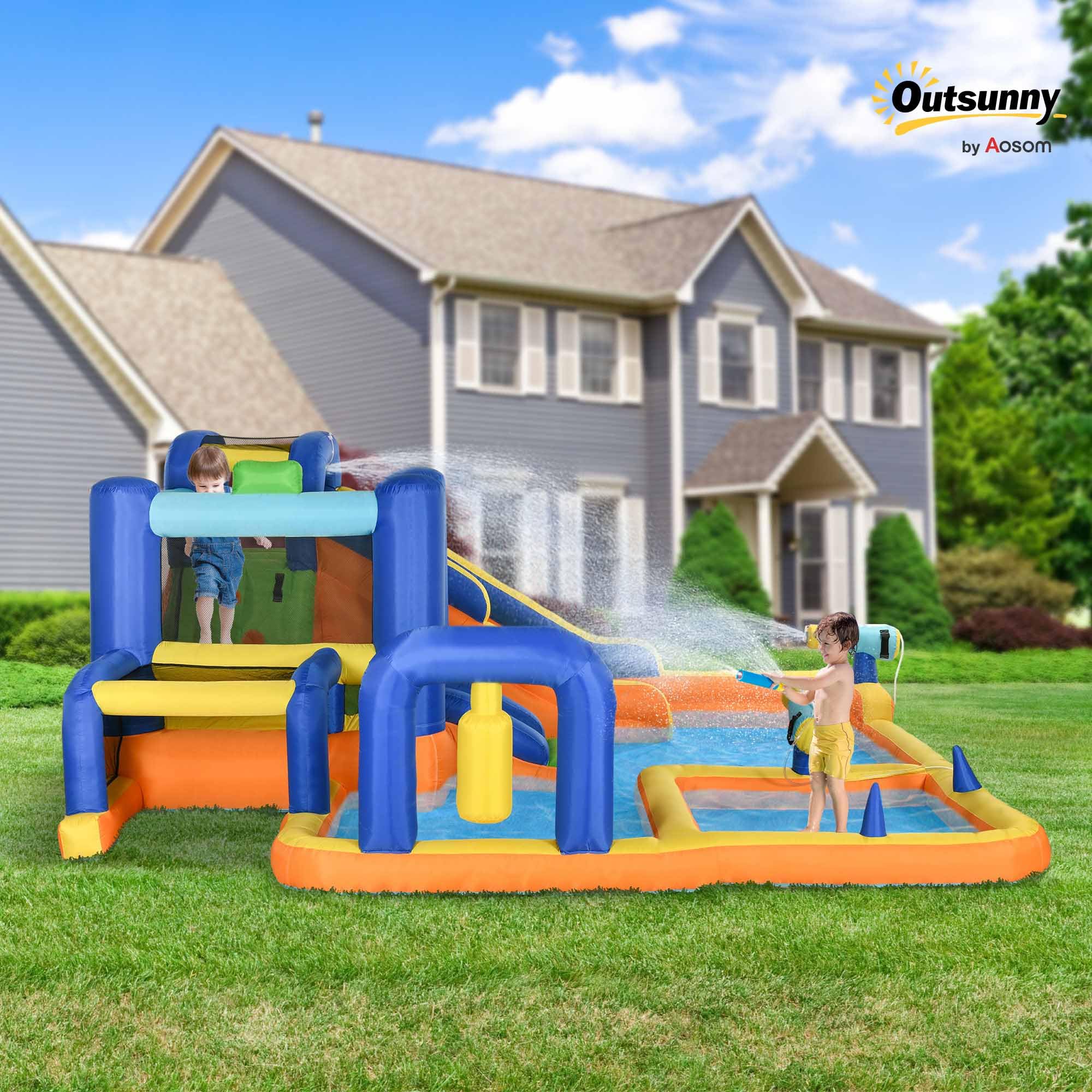 Castillo Hinchable Acuático para Niños de 3-10 Años con Soplador 680 W Tobogán 2 Piscinas y 50 Pelotas para Parques 490 x 290 x 220 cm Azul