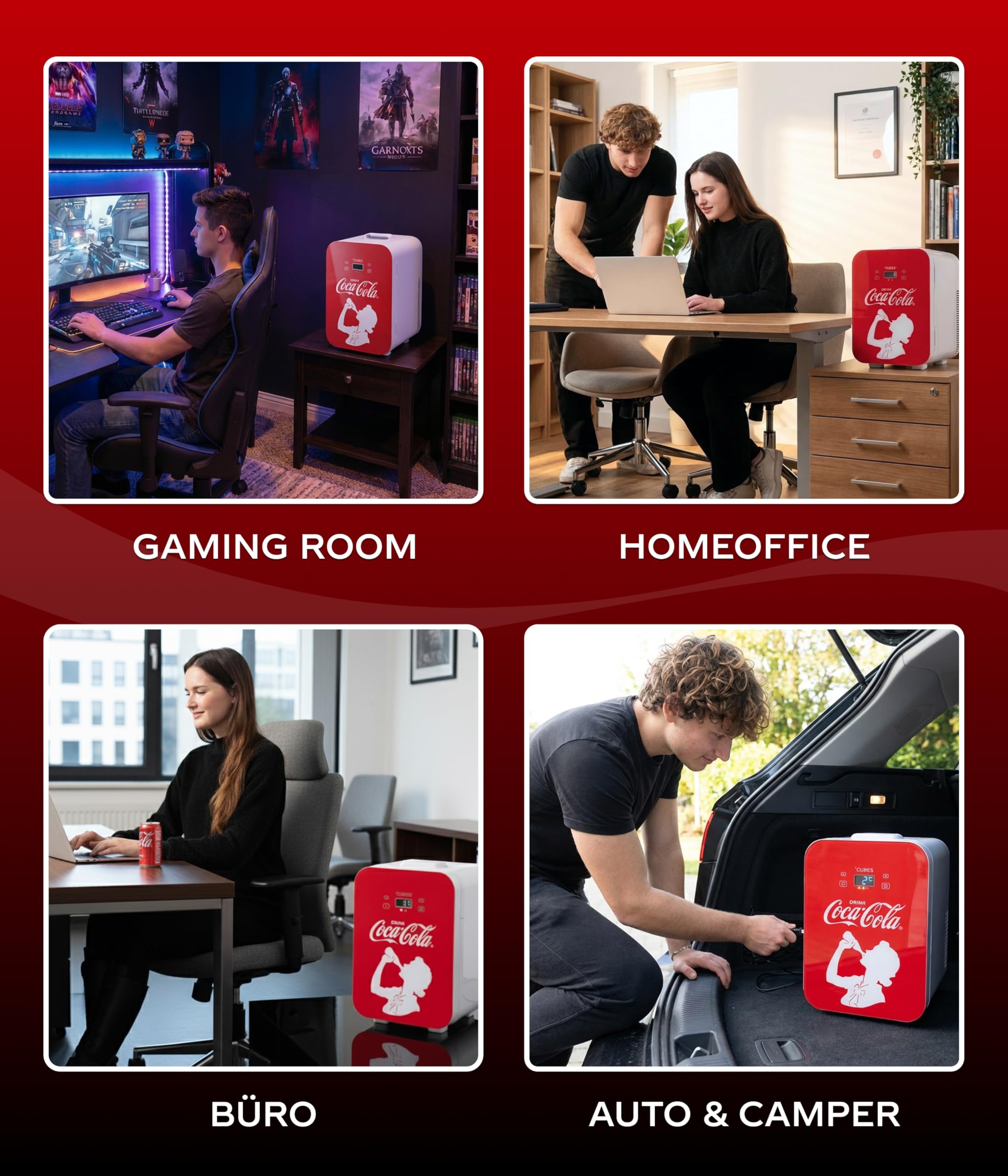 °CUBES Coca-Cola Mini Kühlschrank 9,3L | Kompakter Minikühlschrank mit Glasdruck & LCD-Touch-Display | Kleiner Kühlschrank für Auto & Haushalt | Leise & Effizient | 12V/220V