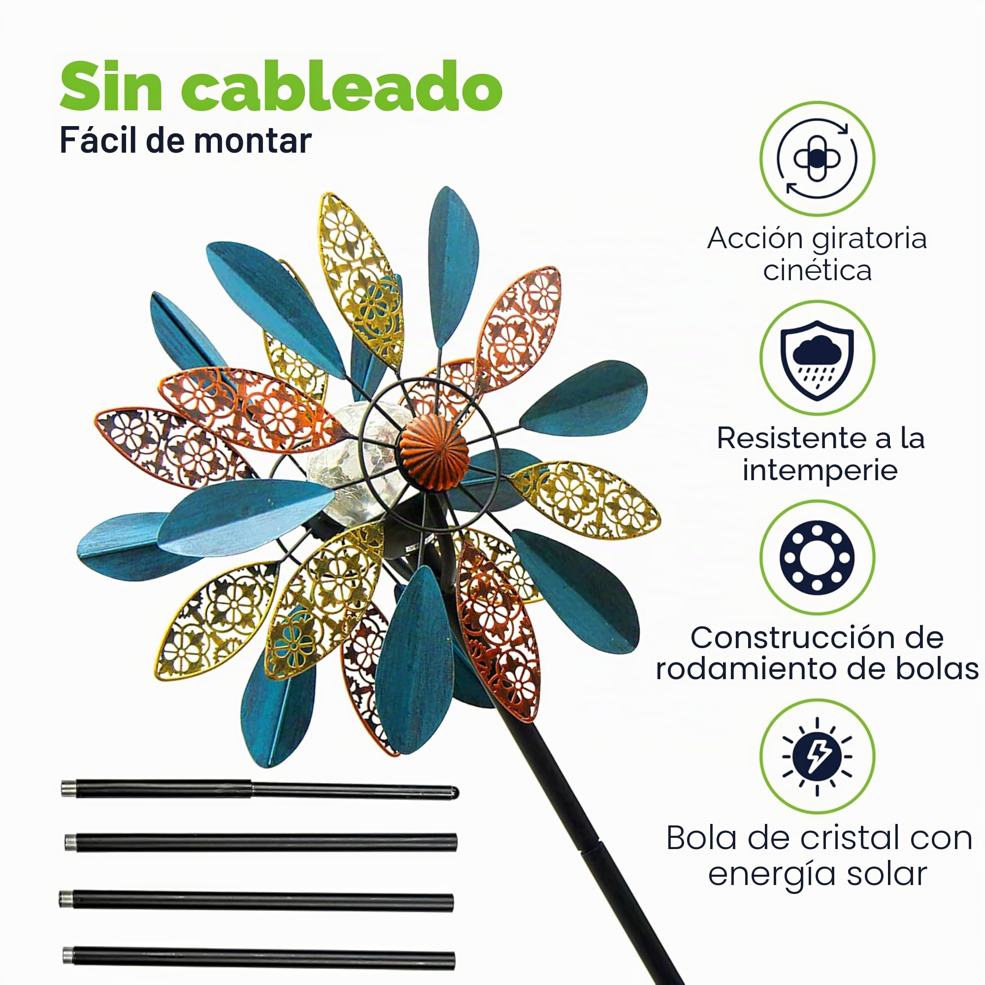 Solar Wind Spinner Arabesque de 75 pulgadas multicolor con iluminación LED Solar Powered bola de vidrio con hilandero cinético de doble dirección para patio césped y jardín, fácil de montar